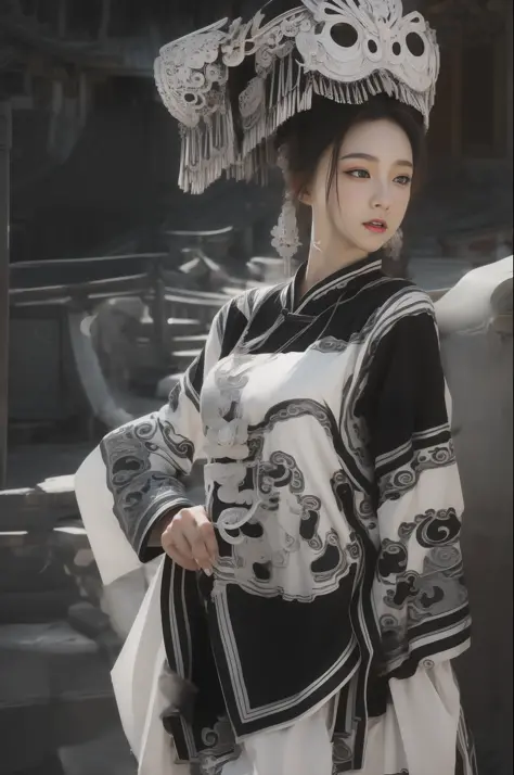 zhongfenghua, 1girl, solo, hanfu, ancient_chinese_architecture, flower field, blossom, (white smoke:1.3) (photorealistic:1.4), z...