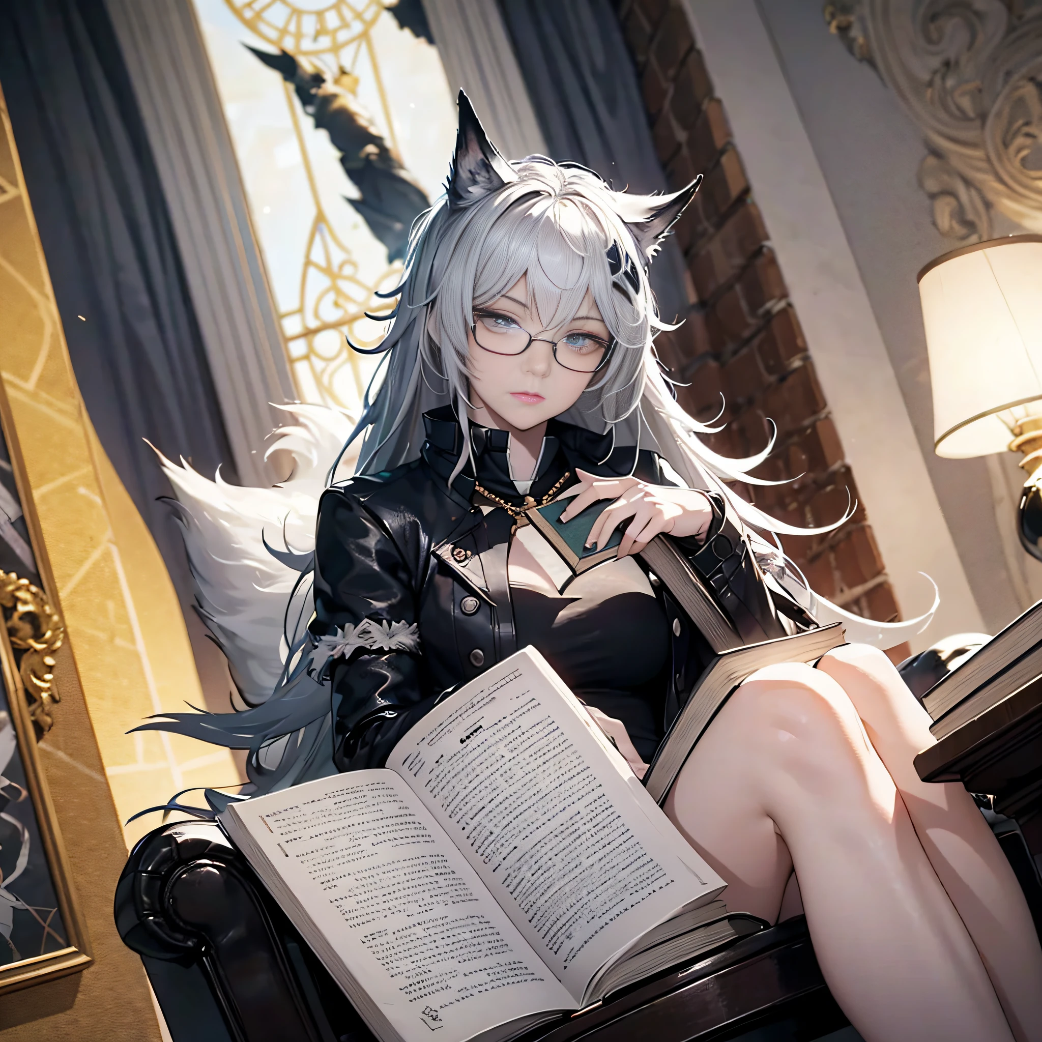 An impressive illustration in ultra detail of the female character "Lapland" do Arknight, wearing glasses while reading a dream book, mentalmente concentrada em sua leitura. A cena inteira flutua em um fundo colorido de tonalidade suave, with a dynamic perspective.