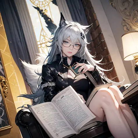 An impressive illustration in ultra detail of the female character "Lapland" do Arknight, wearing glasses while reading a dream ...