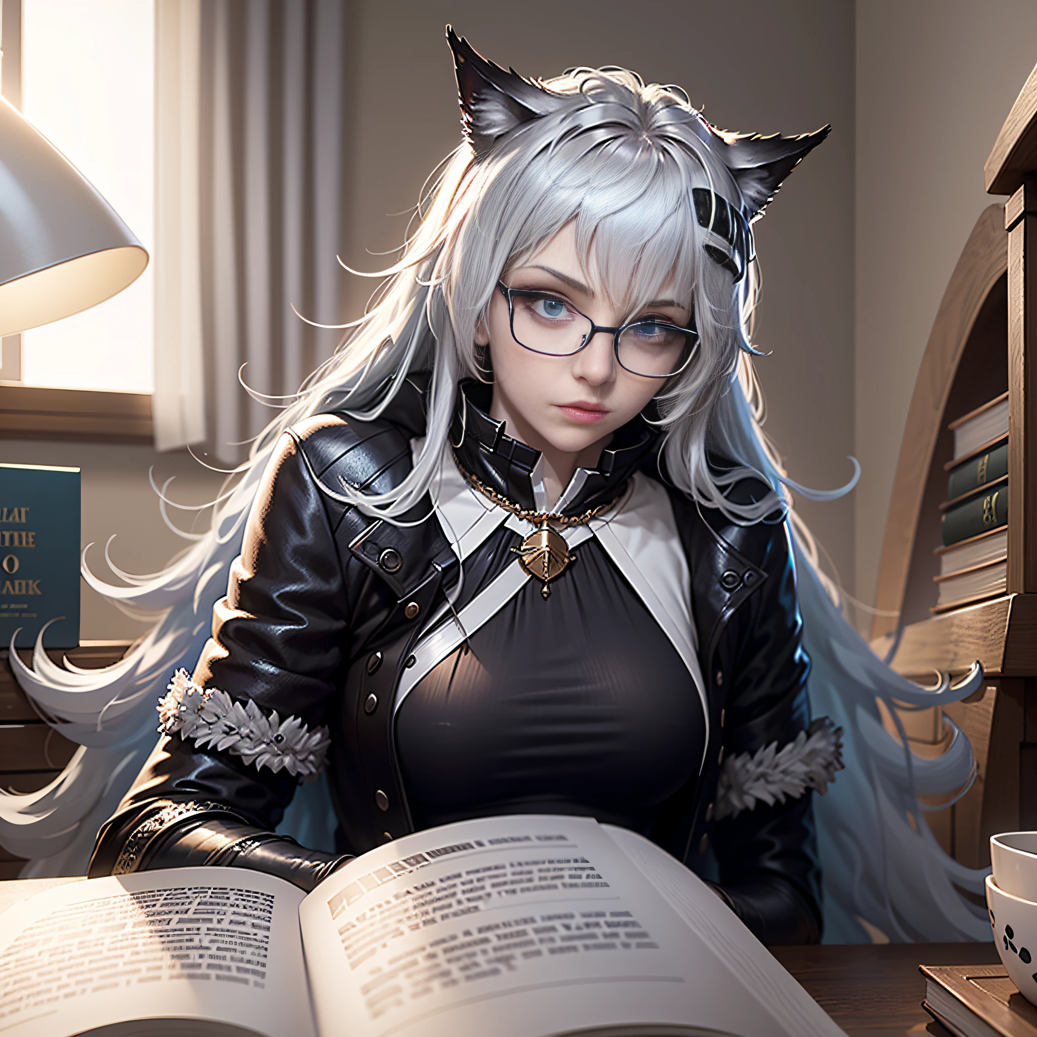 An impressive illustration in ultra detail of the female character "Lapland" do Arknight, wearing glasses while reading a dream book, mentalmente concentrada em sua leitura. A cena inteira flutua em um fundo colorido de tonalidade suave, with a dynamic perspective.