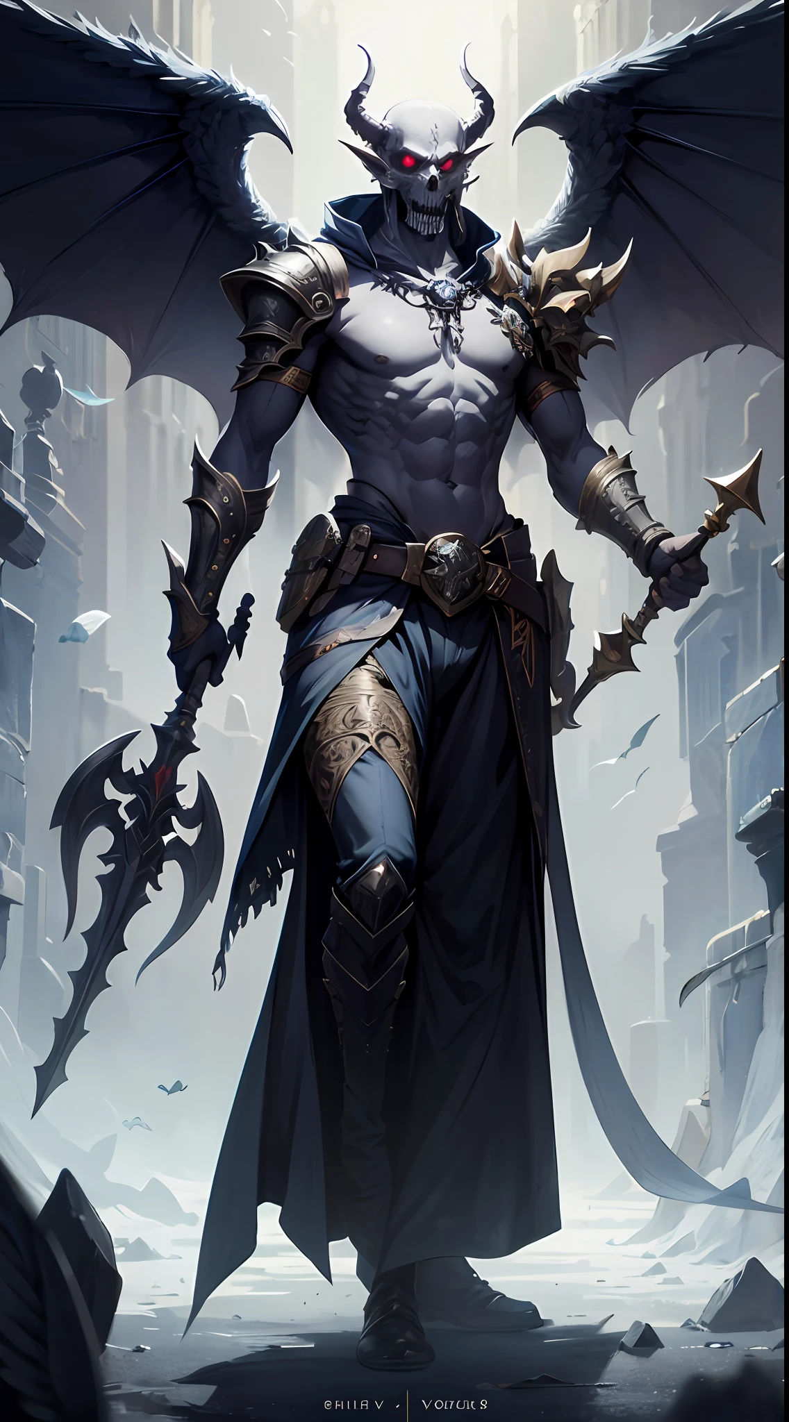 (extremely detailed 8k wallpaper),a full body shot photo of a fearful undead grey gargoyle necromancer holds in left hand a mace with a skulltop and in the right hand he holds a shield,2 Wings, intricate, high detail, dramatic,