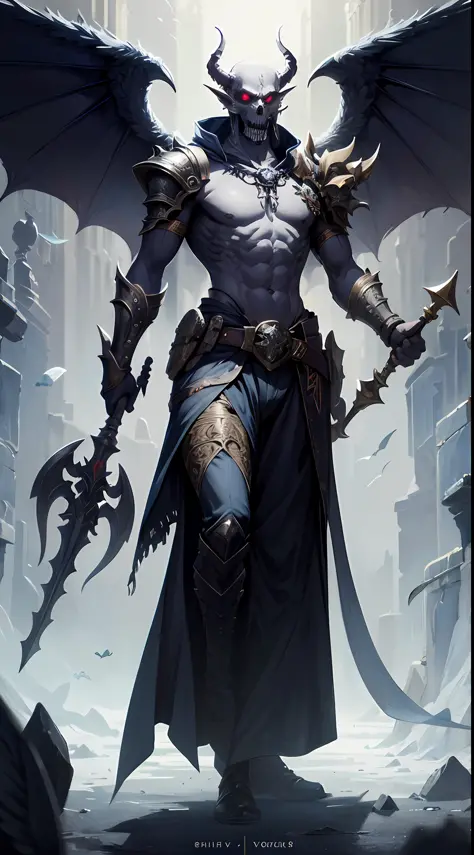 (extremely detailed 8k wallpaper),a full body shot photo of a fearful undead grey gargoyle necromancer holds in left hand a mace...