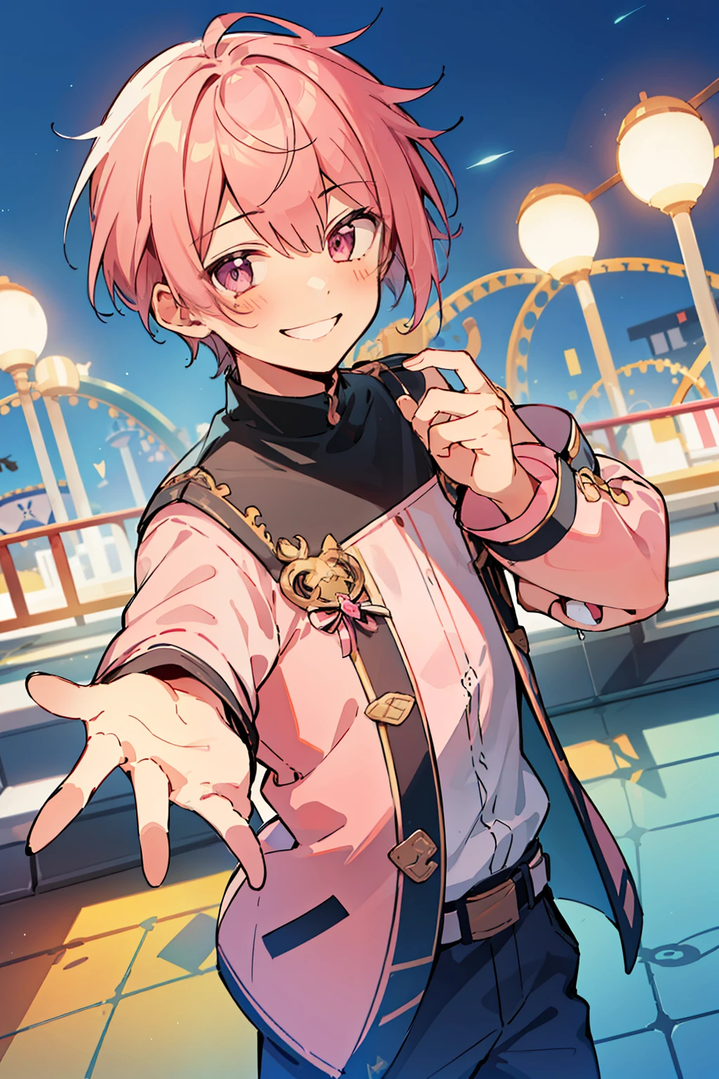 (high-quality, breathtaking),(expressive eyes, perfect face), 1boy, male, solo, short, young boy, light pink hair, pink eyes, smile, casual clothes, look at viewer, amusement park