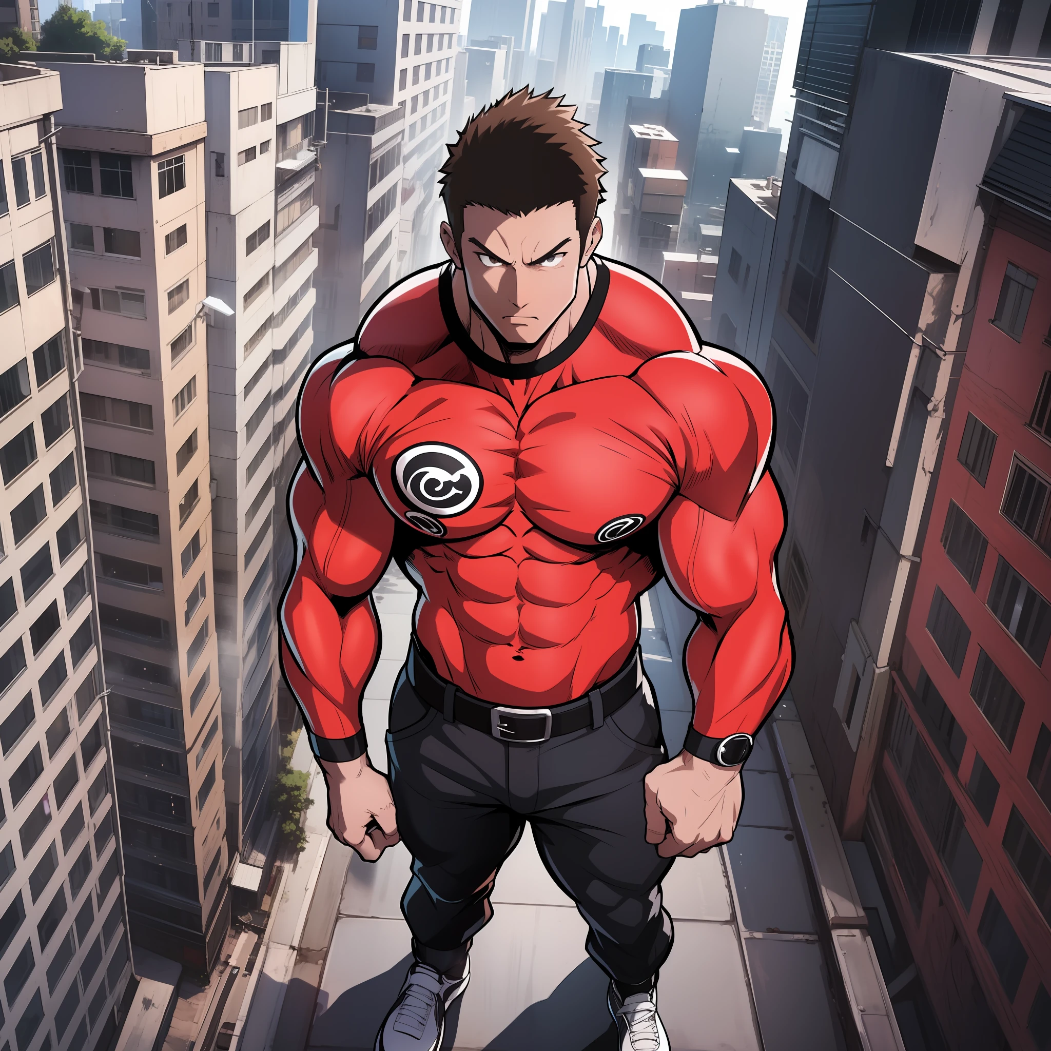 Generate anime-style art with a high-angle shot of a muscular male character with his body facing the camera, THE CHARACTER IS STANDING ON TOP OF A TALL BUILDING, The protagonist must have an extremely muscular body, very tall, similar to that of a bodybuilder. The character must have very short hair with dark brown bangs and must be wearing a red long sleeve T-shirt with black pants and a belt and must be wearing a white sneaker. The image should depict the character's entire body, focusing on his intimidating posture. The protagonist must exude strength and dominance, displaying a powerful presence. The scene should feature only the muscular character, THE CHARACTER SHOULD BE ON TOP OF A BUILDING SHOWING A LARGE CITY BELOW HIM