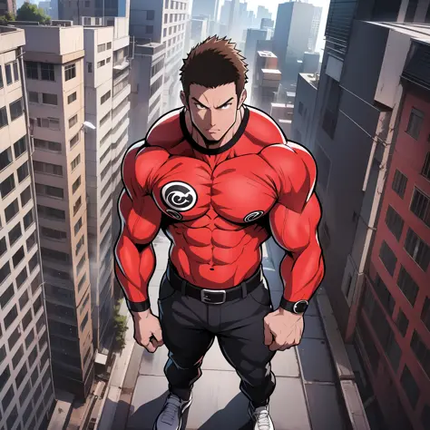 generate anime-style art with a high-angle shot of a muscular male character with his body facing the camera, the character is s...