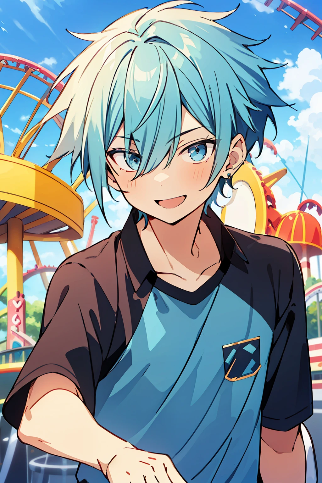 (high-quality, breathtaking),(expressive eyes, perfect face), 1boy, male, solo, short, young boy, short light blue hair, light blue eyes, smile, casual clothes, look at viewer, amusement park