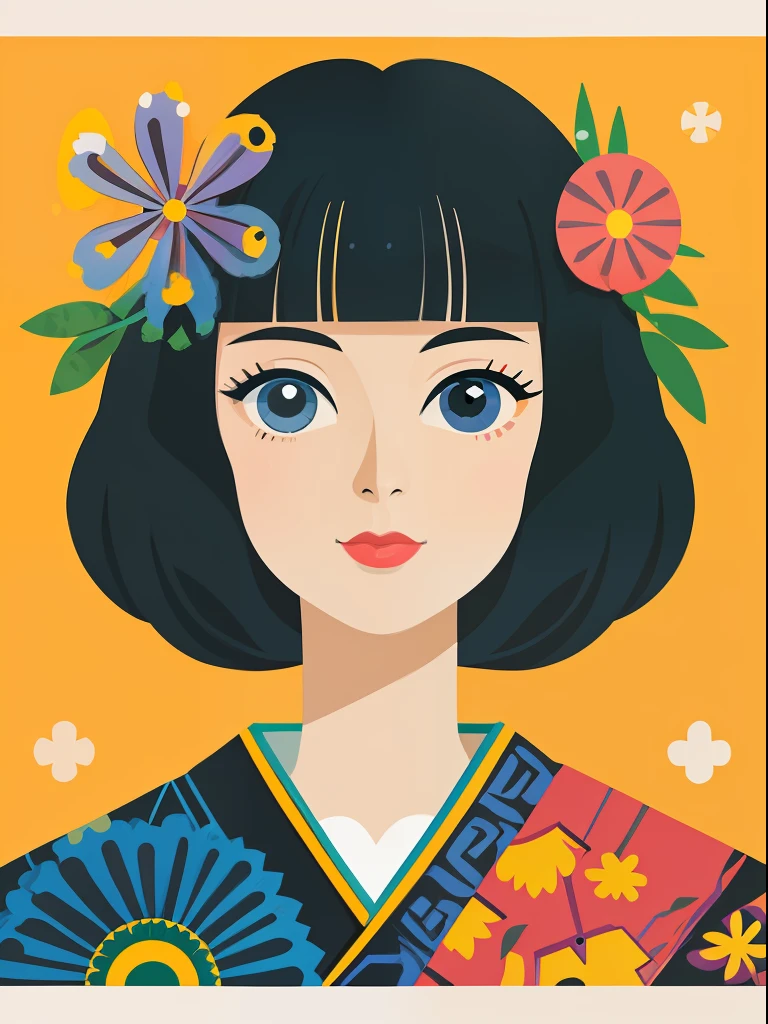 portraitures、Japanese style、８０Shojo manga style of the era、Abstract painting、harajuku fashion、Modern fashion、Big eyes、Maste Piece, Best Quality,portraitures、smile on face、Showa Retro、a poster、flower background、
paint,Illustration,retro、Vector art、Flat Paint、
style2,Solo,Simple background,Haut du corps、Geometry Pavilion、Minimum style、
a cartoon illustration of a lady ina yellow shirt over art by mrs butterfly, in the style of grunge beauty, sandara tang, mixed patterns, text and emoji installations, Close up, charming character illustrations, folkloric