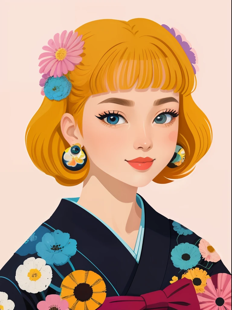 retratos、Estilo japones、８０Estilo manga shojo de la época.、Abstract pintaring、moda harajuku、moda moderna、ojos grandes、Piezas maestras, mejor calidad,retratos、sonrisa en la cara、Retro Showa、un póster、fondo de flores、
pintar,ilustración,retro、Vector art、pintura plana、
estilo2,Solo,fondo sencillo,Parte superior del cuerpo、Pabellón de Geometría、Estilo mínimo、
una ilustración de dibujos animados de una dama con una camisa amarilla sobre un arte de la señora mariposa, al estilo de la belleza grunge, alicates de rehenes, patrones mixtos, instalaciones de texto y emoji, de cerca, ilustraciones de personajes encantadores, folklórico