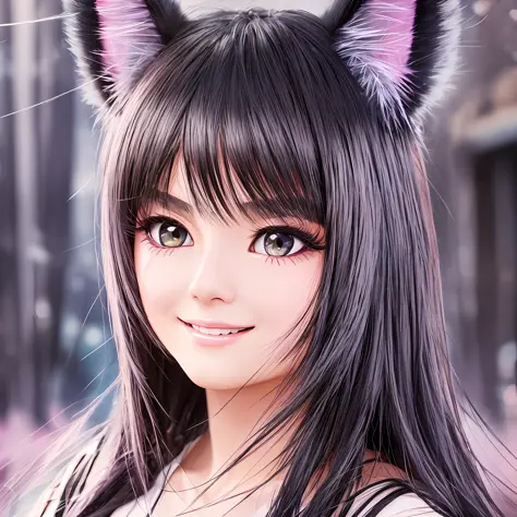 black hair, hair bobbles, wince, longeyelashes, solid circle eyes, fake animal ears, light smile, ear blush, fang, Surrealism, d...