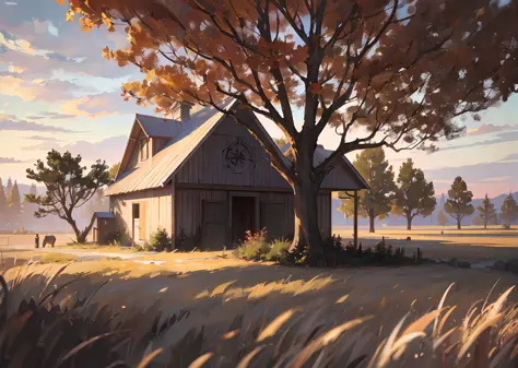 Tree, red horse, white barn in a field, art by Max Rive and Ryan dyar, octane render, Unreal engine 5, kodak style --auto --s2