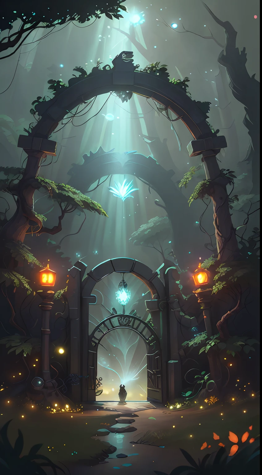 (Digital Artwork:1.3) of (Sketched:1.1) octane render of a mysterious dense forest with a large (magical:1.2) gate (portal:1.3) to the eternal kingdom, The gate frame is designed in a round shape, surrounded by delicate leaves and branches, with fireflies and glowing particle effects, (UI interface frame design), (natural elements), (jungle theme), (square), (leaves) , (twigs), (fireflies), butterflies, (delicate leaves), (glow), (particle effects, light engrave in intricate details, (light particle:1.2), (game concept:1.3), (depth of field:1.3), global illumination,Highly Detailed,Trending on ArtStation