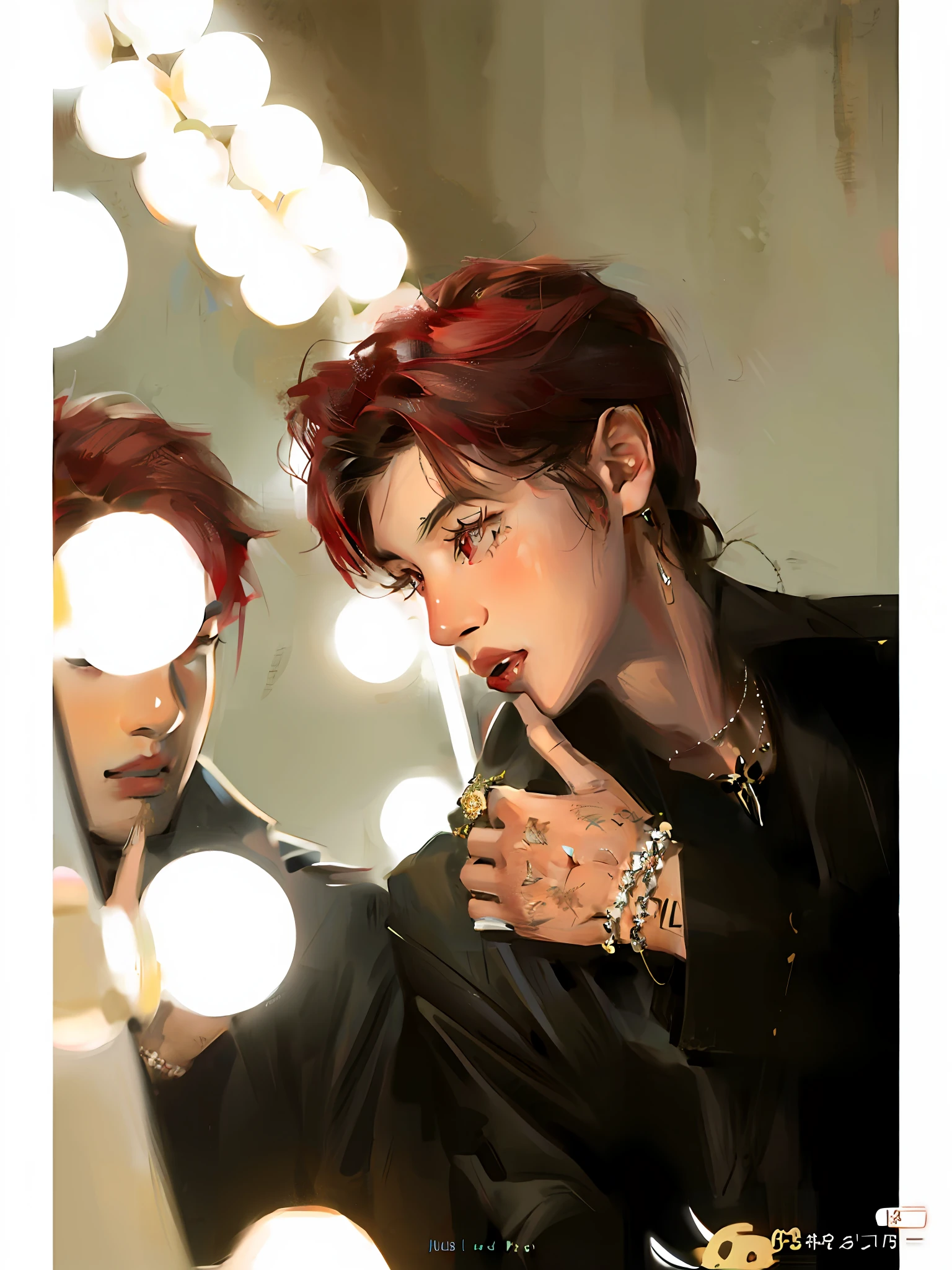 male people，red hair，Sharp eyes，Thumb dragging your chin，Wear black，With a necklace，Look at your handsome self in the mirror，Hi-Def，Thick painting style，soft focus