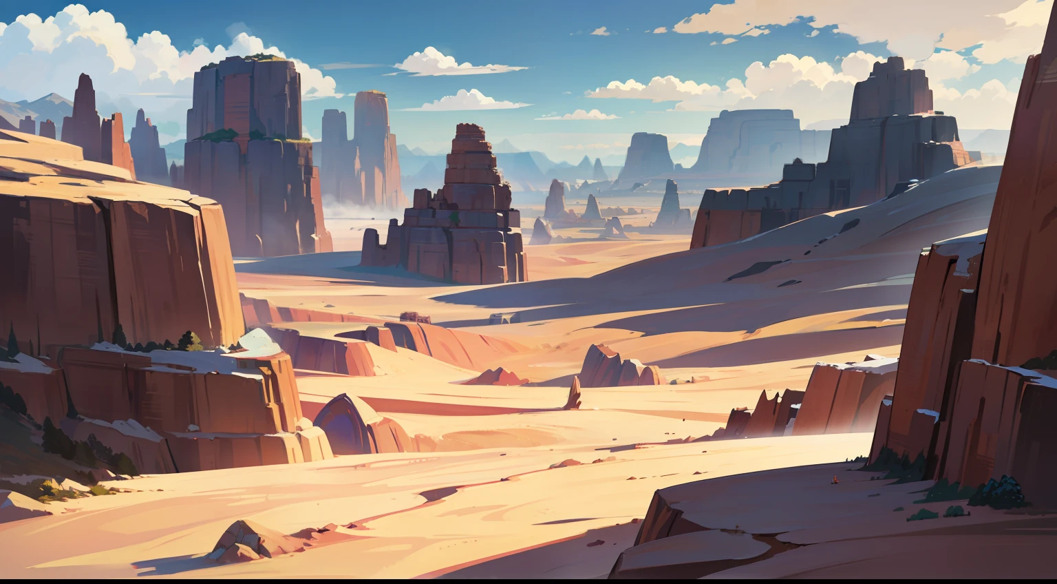 desert scene, anime landscape, Dusty rock in the background, anime clouds, Paisaje Bizzato, Dragon Ball concept art, Rock Mountains, alien mountains, tall rocks, mountain scape,