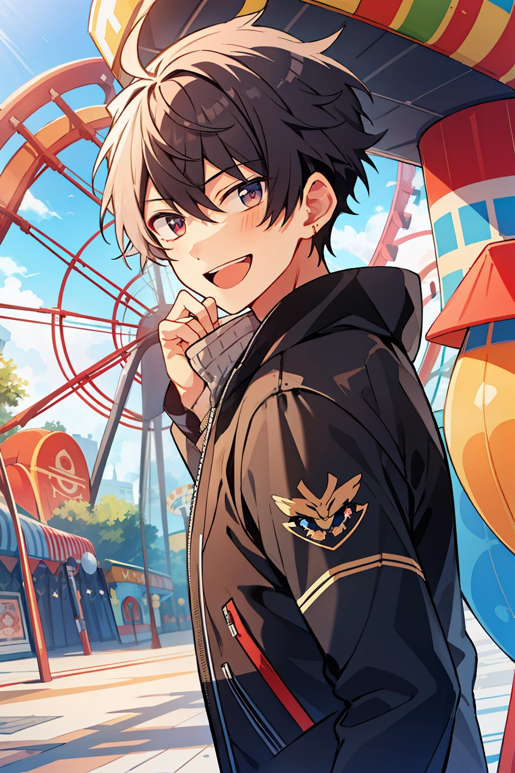 (high-quality, breathtaking),(expressive eyes, perfect face), 1boy, male, solo, short, young boy, short brown hair, red eyes, smile, casual clothes, look at viewer, amusement park