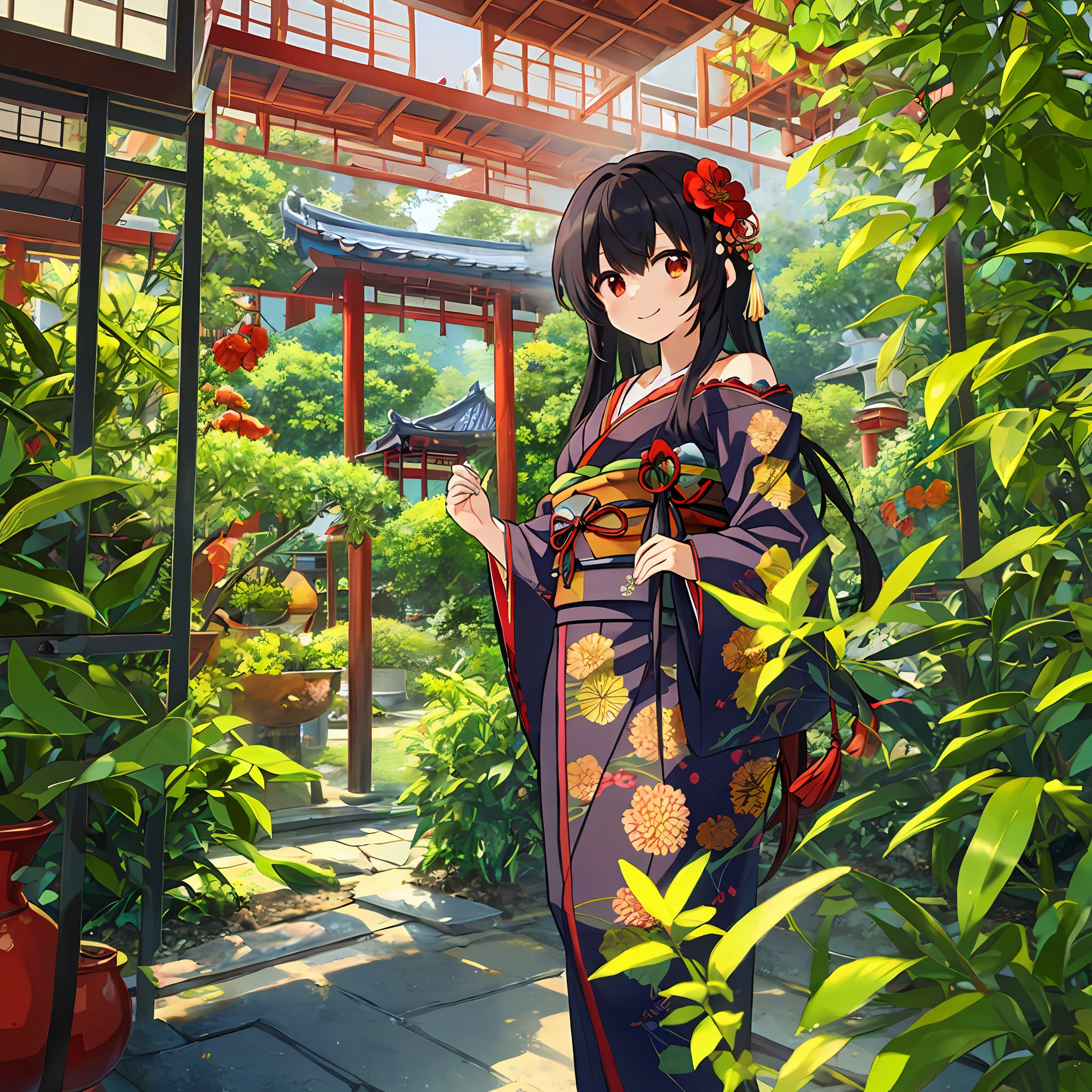 1girl in, komono, Breasts, Long hair, Kimono, Solo, Red Eyes, flower, Hair Ornament, Black hair, Cleavage, Smile, Looking at Viewer, floral print, sash, Red kimono, obi, Holding, Hair Flower, 鎖骨, Red flower, off shoulders, blush, Bare shoulders, Long sleeves, Bangs, Wide sleeves, Closed mouth, Standing, holding flowers, Cowboy Shot, Large breasts, East Asian Architecture, Very long hair, architecture, side locks, Hand up, tassels, Indoors, print kimono, plant, medium breasts, potted plant