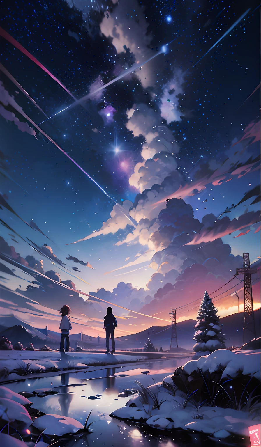 anime scenery of two people standing on a rock looking at the sky, cosmic skies. by makoto shinkai, makoto shinkai cyril rolando, beautiful anime scene, anime sky, anime art wallpaper 4 k, anime art wallpaper 4k, anime art wallpaper 8 k, anime beautiful peace scene, in style of makoto shinkai, 4k anime wallpaper