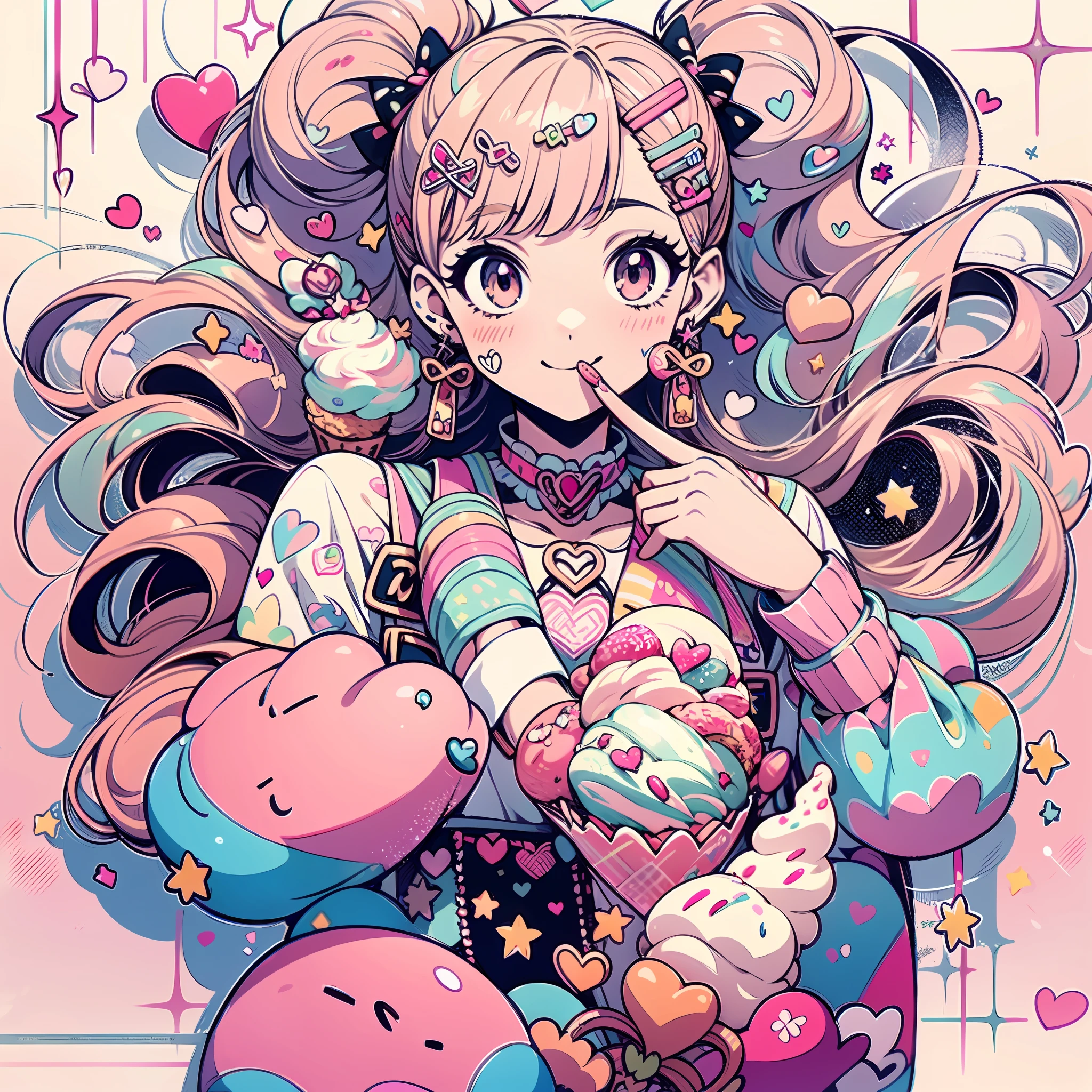 ((1girl)), halfbody, portrait, ice cream, napolitan flavor, ((color palette: brown, pink, vanilla off-white)), pretty, hearts, sparkles, star effects, bokeh, cute, happy, jumping floating, pattern background, ice cream shop, icecream car, 🍦🍨🍭, tasty trifecta of classic ice cream flavors, decora, hairclips, harajuku fashion outfit, harajuku