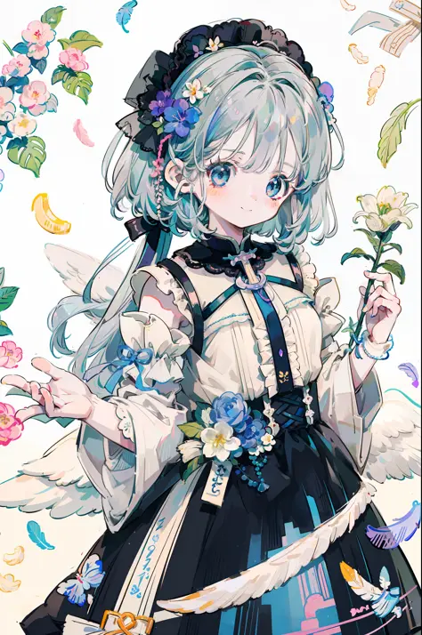 Anime Pictures。Beautiful shades of iridescent prism。A girl about 18 years old with a large angel feather on her back is smiling ...