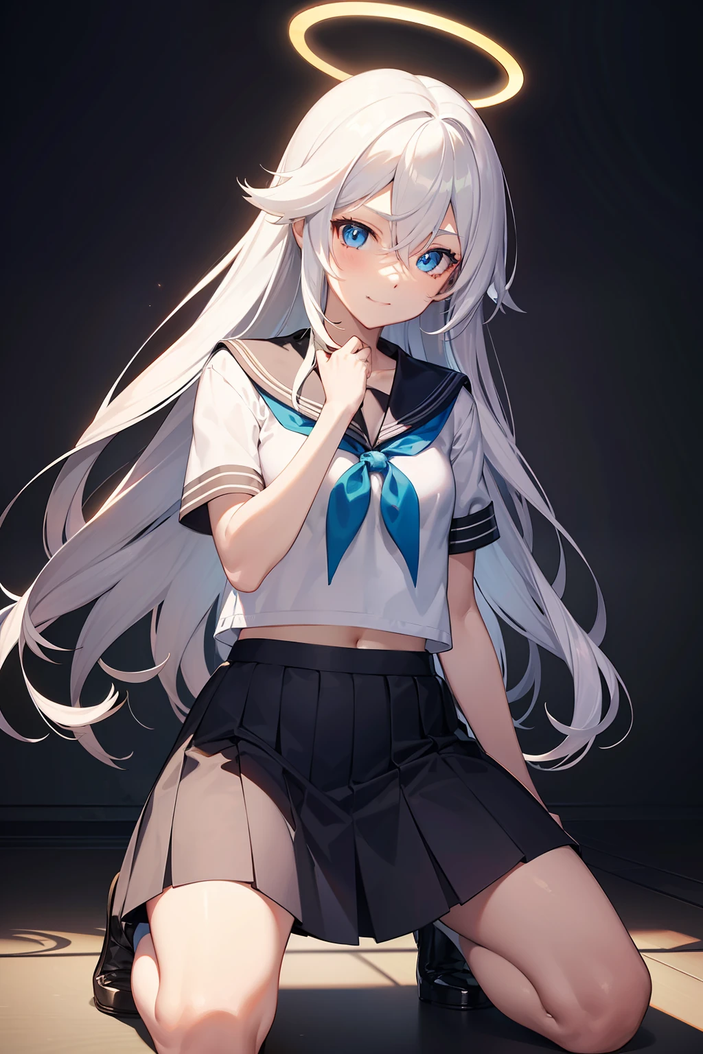 Masterpiece, Best quality, Masterpiece,Best quality,offcial art,Extremely detailed CG Unity 8k wallpaper, crepuscular, strong rimlight, intense shadow, Game_CG, girl, hair between eyes, Blue eyes, Small breasts, tsurime, Long hair, White hair, Putting up with_face, Kneeling, Naughty_face, serafuku,body complet,,metal hello,a glowing halo,