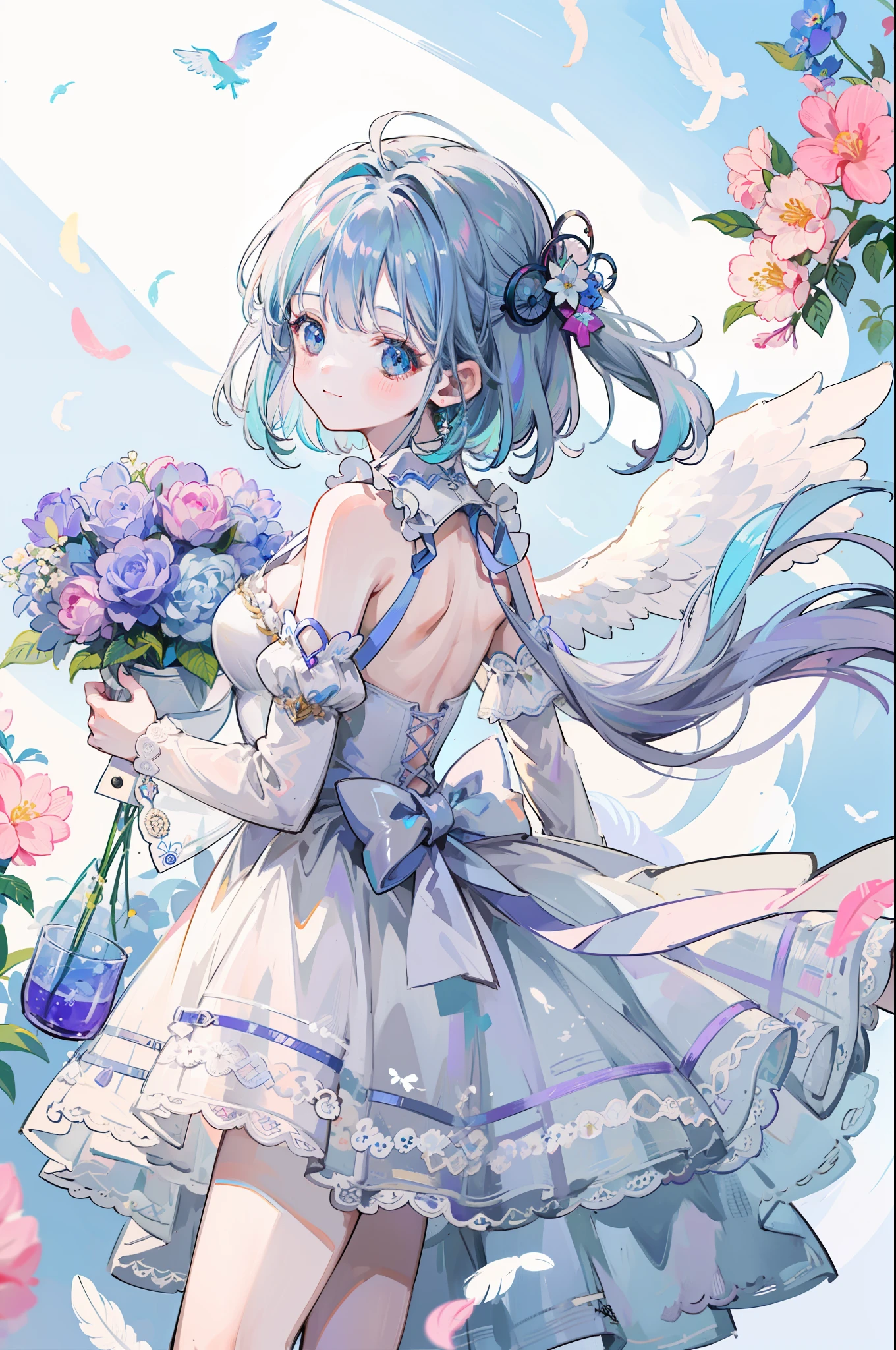 Imagens de anime。Belos tons de prisma iridescente。Uma garota de cerca de 18 anos com uma grande pena de anjo nas costas está sorrindo feliz。Muitas flores nas penas。Cabelo bob prateado brilhante。Usando um lindo vestido transparente com bordado。Composição com muitas flores coloridas projetadas。qualidade extremamente alta、Alta qualidade de imagem、Peças Mestres、Melhor estética