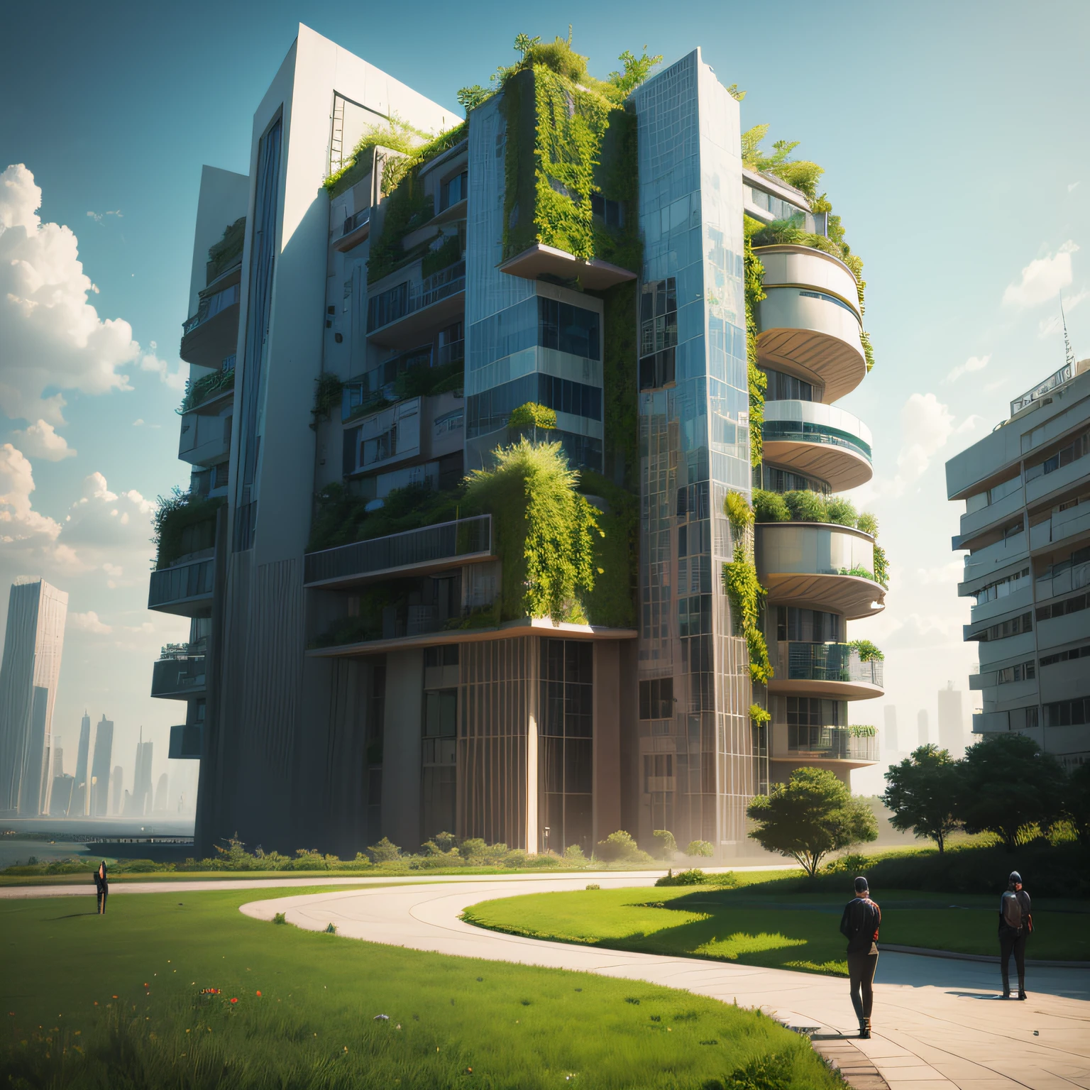 Make a surrealist landscaping composition, futurista, cidade moderna ...