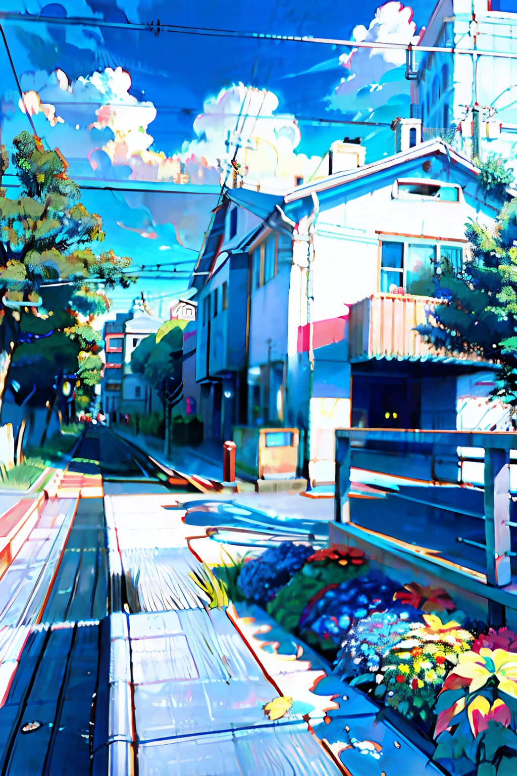 very cozy little place, hyperrealism, (anime Makoto Shinkai:0.4), old shabby house on city street, house wiring, outdoors, sky, clouds, day, landscape, tree, blue sky, building, sign, wire, railing, wide shot, telephone pole, town, wilderness, flowers, lots of tools lying in chaos