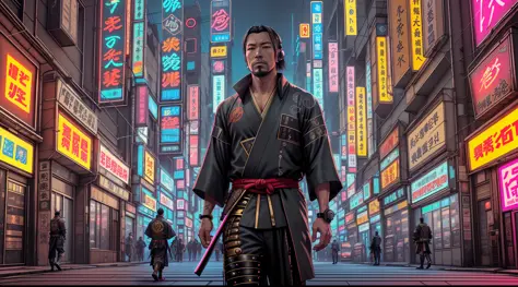 a man in a samurai outfit walking down a street at night, samurai cyberpunk, samurai neon, samurai cyberpunk muito bonito, retra...