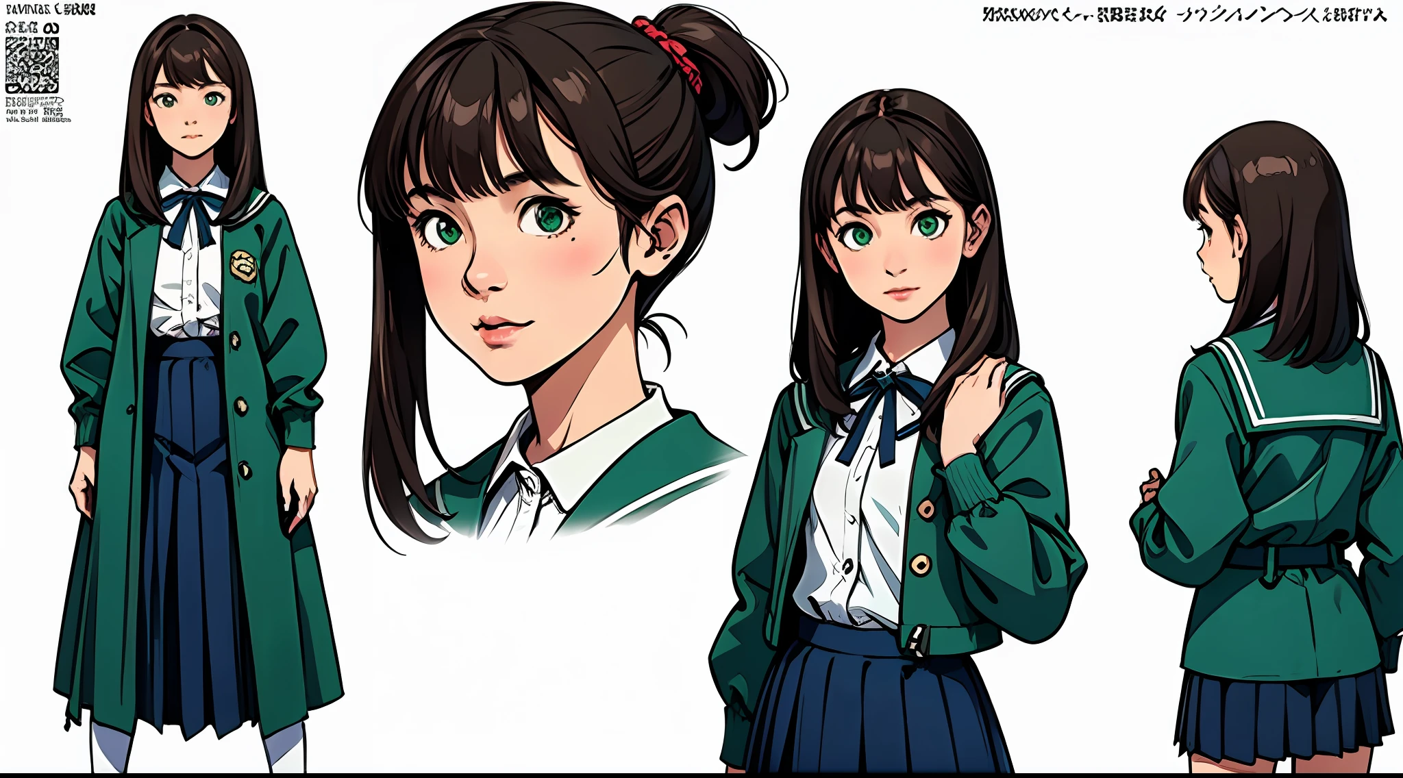 (masterpiece), best quality, (character design sheet, same character, full body, side, back), illustration, (beautiful detailed hair detailed face), 1 young girl, solo, perfect feminine face, very cute young girl, pose zitai, detailed design character, chesnut brown hair, left sided bangs, shorr length hair, green eyes, school uniform, (simple background, white background: 1.3)