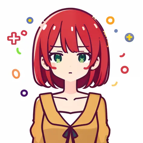 (masterpiece), (best quality), SakuraVRC, 1girl, solo, short hair, red hair, green eyes, breasts,  sticker, rough lines, vector, simple, flat illustration, mascot, Cartoon, white background, confetti, anime,
