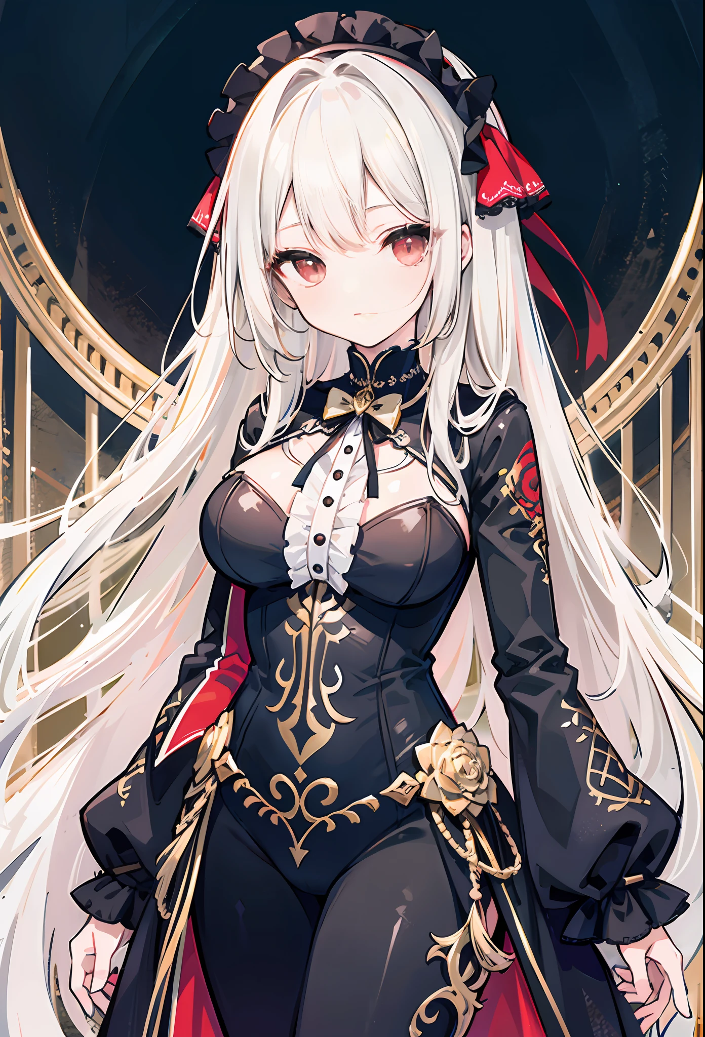 One Girl, Solo, ((Large: 1.4)), ((Hi-Res)), ((Maste Piece)), ((Best Quality)), (Very detailed)), Large_filesize, fully colored, Detailed background, Long white hair, Red Eyes, (eye line), Night, (red frill), (detailed black bodysuit and gothic lolita fashion with gold embroidery)1.1, (body suit, Ruffled decoration, gold line), Side tulle lace,