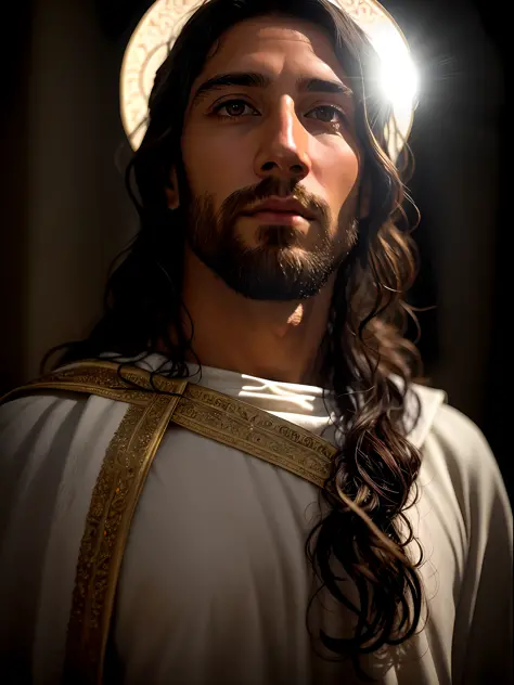 add_detail:1, realistic image of Jesus Christ, add_detail:light and distant light from heaven above the head