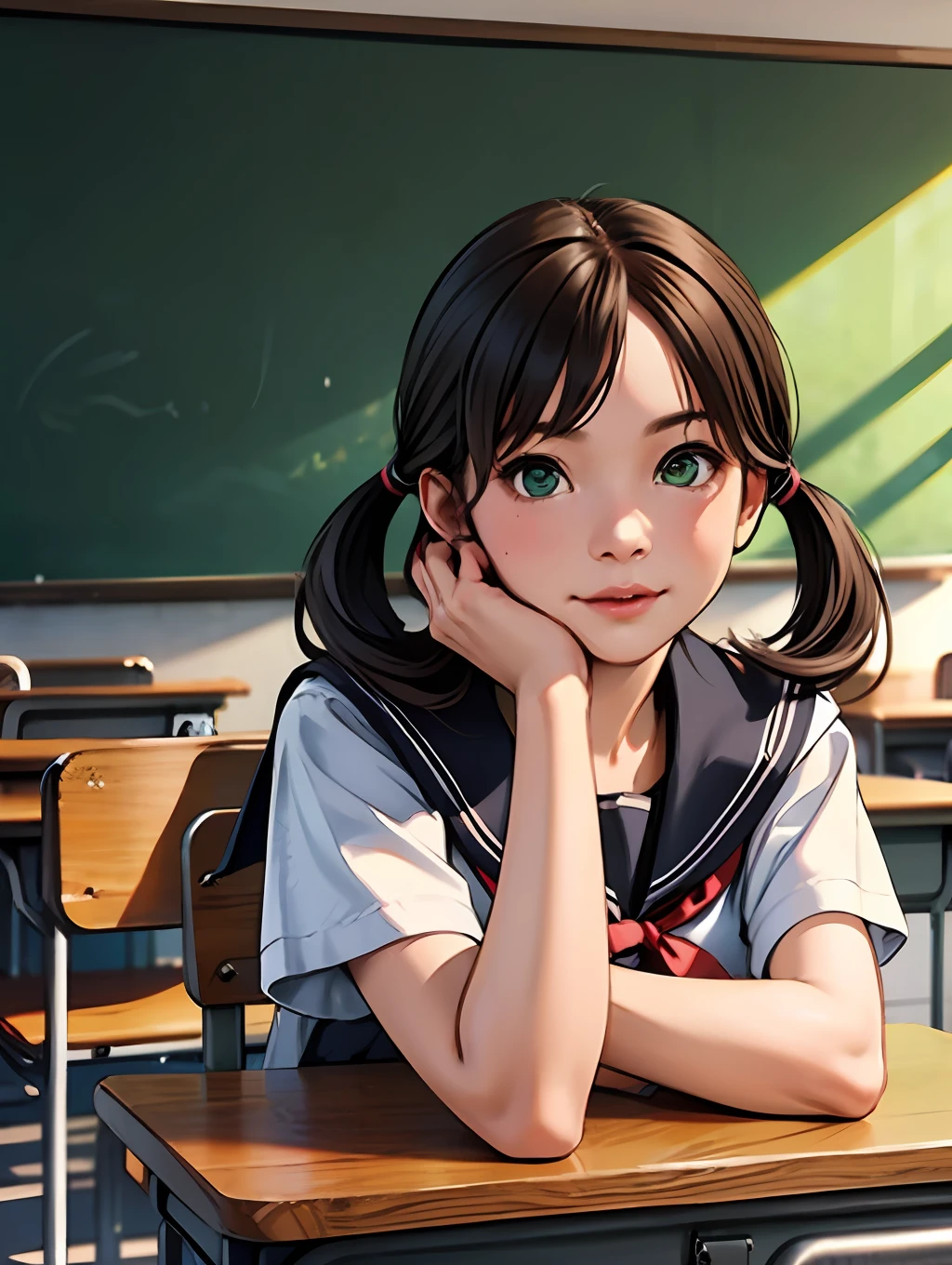 (masterpiece), best quality, (beautiful detailed hair detailed face), 1 young girl, solo, full-body portrait, dutch shot, perfect feminine face, very cute young girl, on classroom, desk, chair, chesnut brown hair, short twintails, green eyes, school uniform