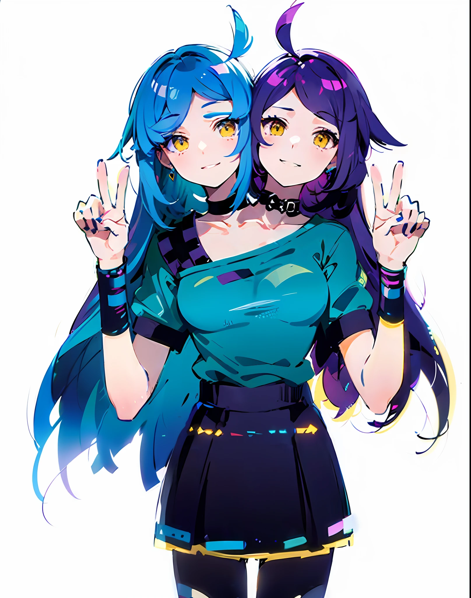 best resolution, (2heads:1.5),anime girl with two heads, blue dyed hair, purple dyed hair, different hair color, yellow eyes, ahoge, chokers, holding out peace signs, black t-shirt, blue top, black wristbands, , blue skirt, black stockings, high boots,white room background