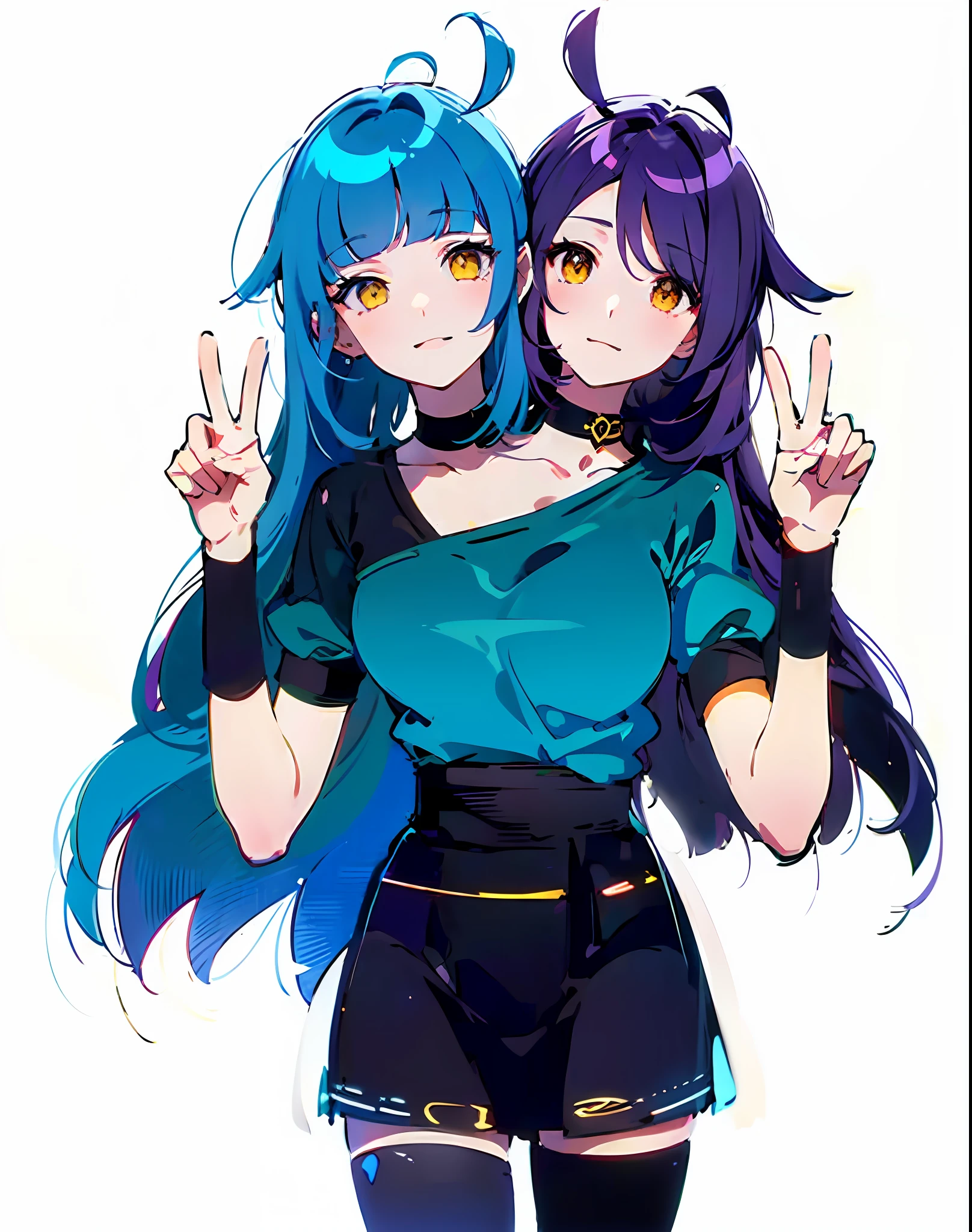 best resolution, (2heads:1.5),anime girl with two heads, blue dyed hair, purple dyed hair, different hair color, yellow eyes, ahoge, chokers, holding out peace signs, black t-shirt, blue top, black wristbands, , blue skirt, black stockings, high boots,white room background