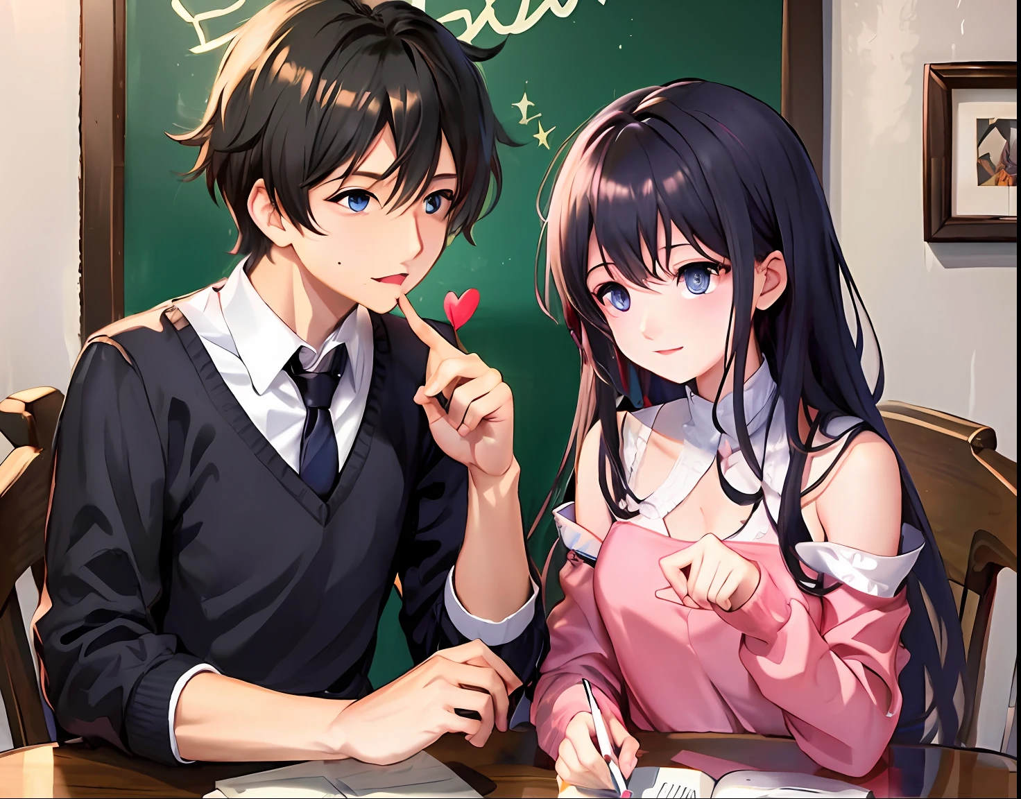 Personajes de anime sentados en una mesa con un libro y un lápiz, tipo, sakimichan y frank franzzeta, romance shojo, sakimichan, Estilo artístico del anime Moe, visual novel cg, niño y niña, frank franzzeta y sakimichan, ben maier y sakimichan, nocturno, manhwa