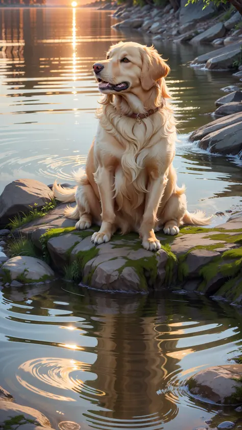 Golden retriever sitting on crystal clear river water and transparent sunset photo super realistic 4k