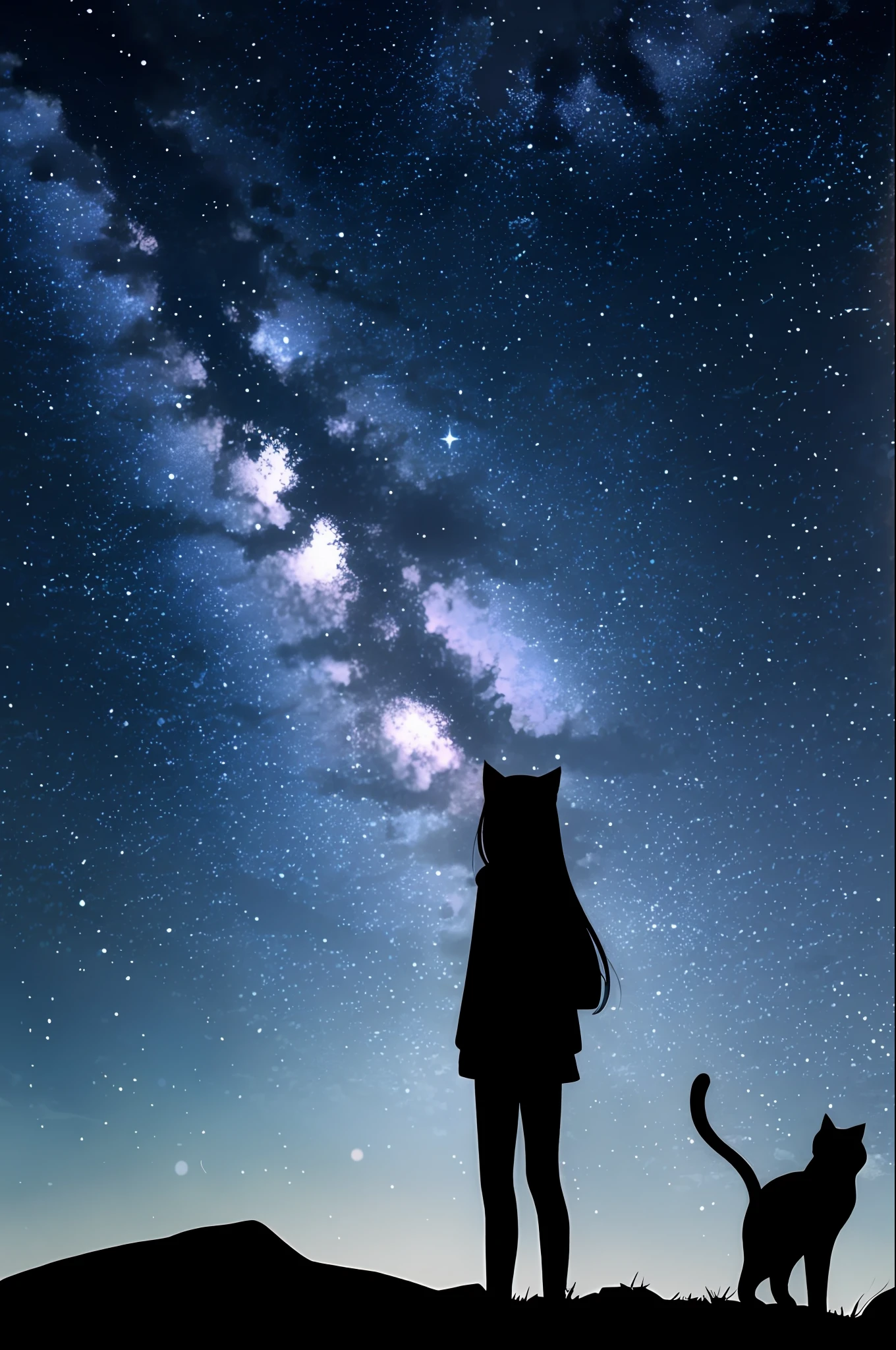 In a desolate world where the starry sky shines, a lone girl stands waiting. Her silhouette, illuminated by the radiance of the stars, hints at the strength and determination that lies within her.
, absurdres, scenery, 1girl, solo, black hair, long hair, straight hair, blunt bangs, cat ears, red eyes