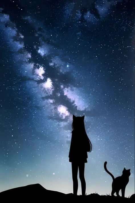 in a desolate world where the starry sky shines, a lone girl stands waiting. her silhouette, illuminated by the radiance of the ...