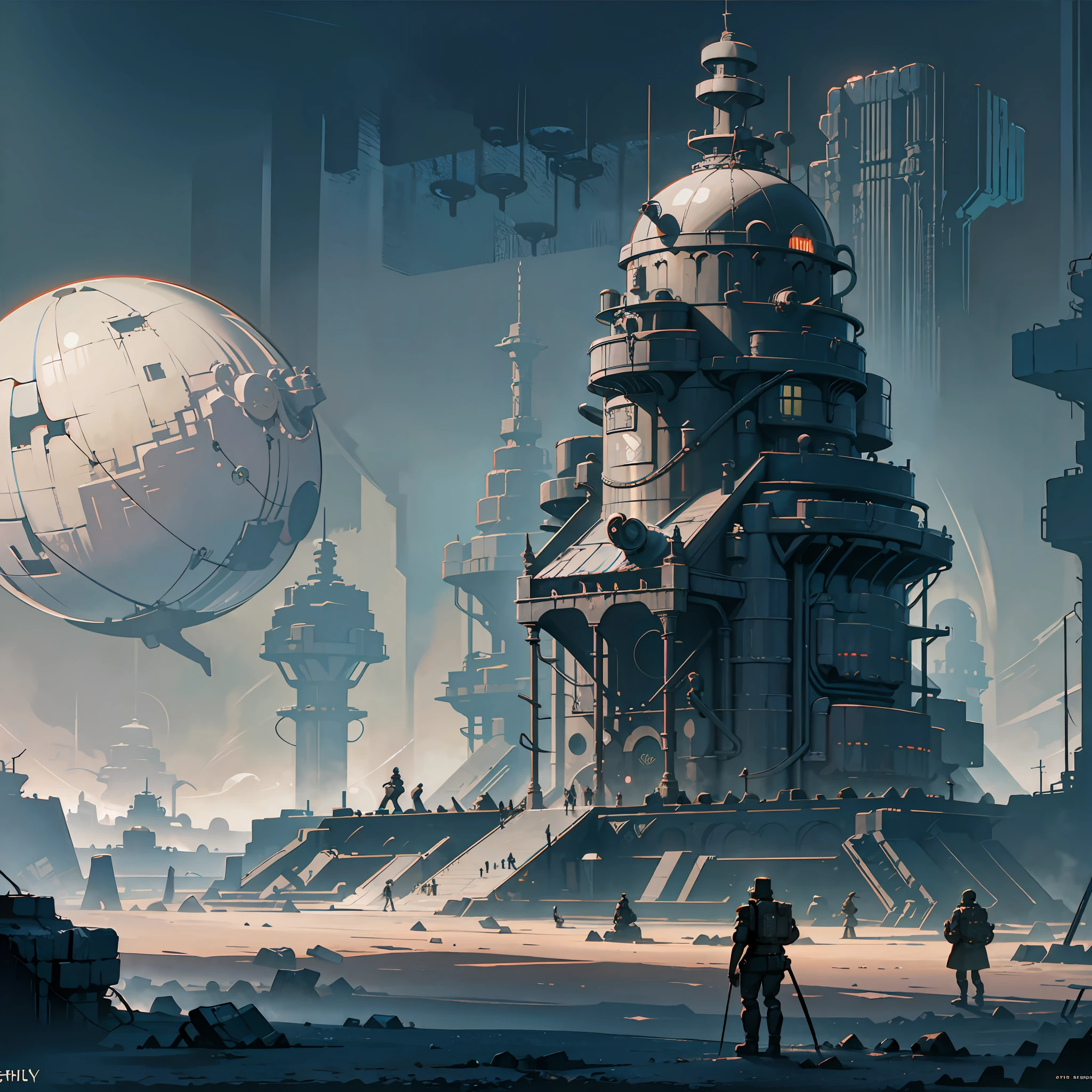 Futuristic dark landscape,saturn moons,futuristic temple design,pilgrims,cyborg, alien biodiversity,epic matte painting,concept art, Ashley wood style --s