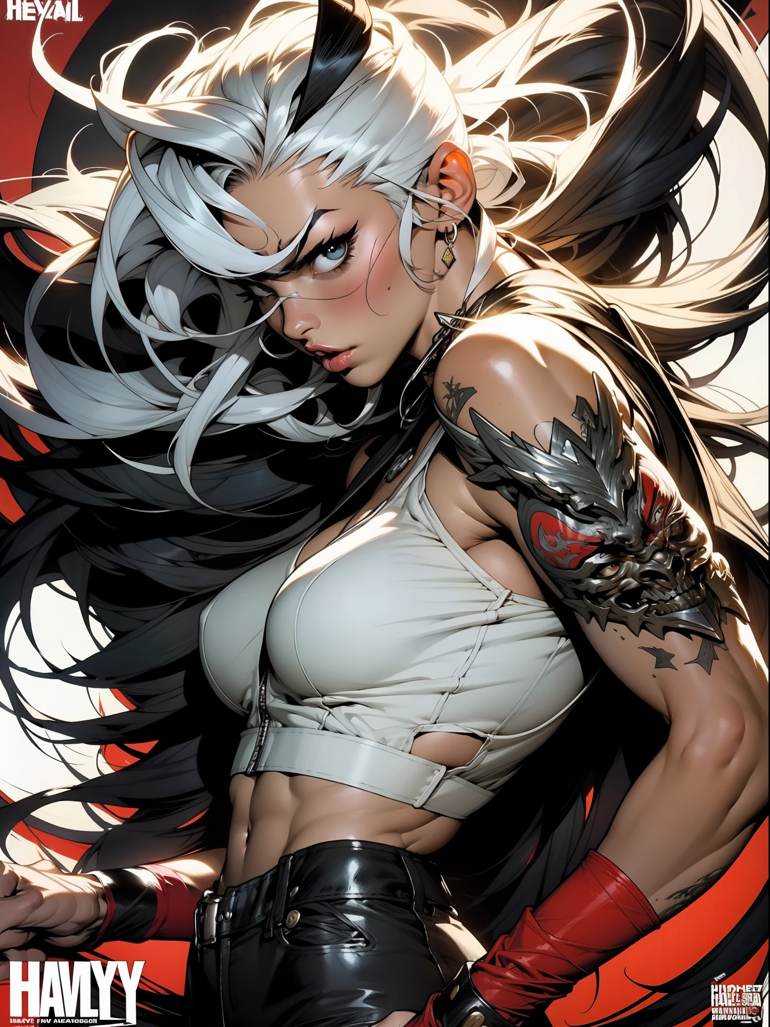 nijistyle, A muscular 35-year-old warrior woman almost naked in the Simon Bisley style for the cover of Heavy Metal magazine, hair half black half white, Minimum clothing, Short clothes,