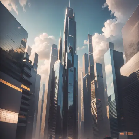 cyberpunked　Skyscrapers　A futuristic world　SF 　Piercing through the clouds　Huge construction　dream　最好质量　巨作　ultra-high-resolution　８Ｋ