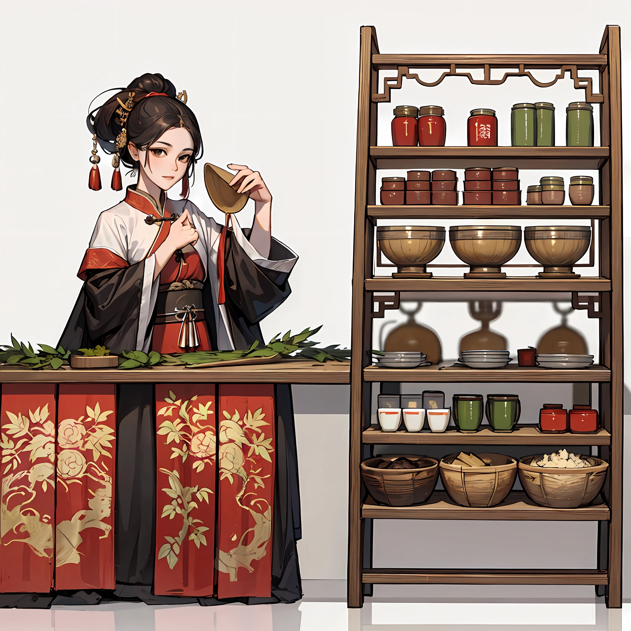 White background，Booth，Chinese Ancient Architecture，1 ancient Chinese woman standing behind a stall cabinet、Sell something，shelves，Booth cabinets，Bamboo leaves，delicacies，Clear facial features，masterpaintings，Best Quority，ultra-high-resolution