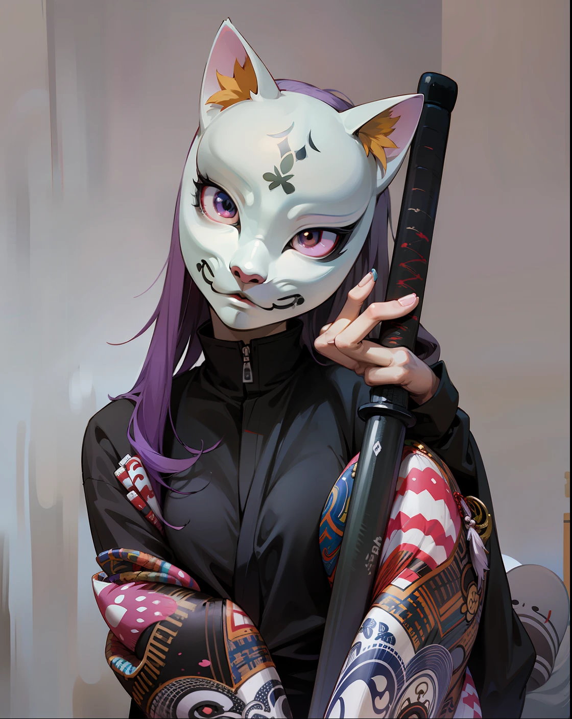 There is a woman with a cat mask holding a baseball bat - SeaArt AI