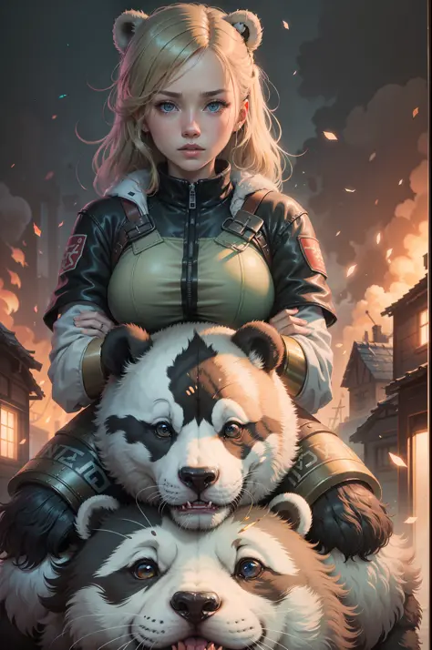 （（（the girl sits on the shoulders of a huge panda mech））），（（girl close-up strengthened）），（（（ultra fine））），shoot at 8k resolution...