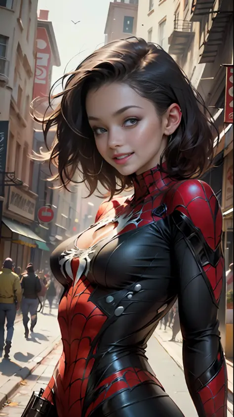 Masterpiece, HD, detailed details, beautiful woman detailed defined body using Spider-Man roleplay, big breasts, smile, delicate facial features, perfect face, fair skin, short hair, city streets