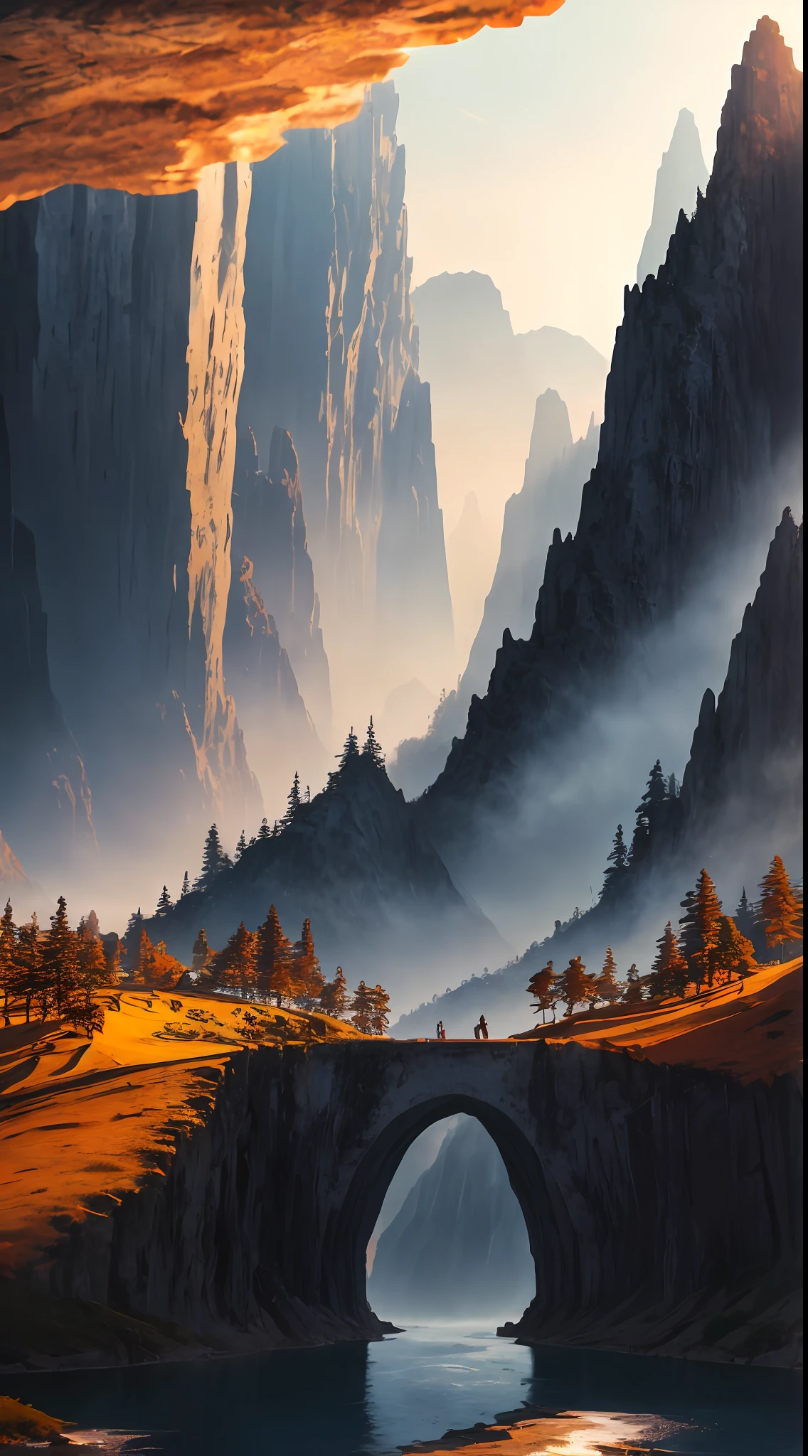 masterpiece, extremely detailed CG unity 8k wallpaper, scenery, outdoors, sky, day, no humans, mountain, landscape, water, (tree:1.2), blue sky, waterfall, cliff, nature, Mountain mist, (sunset:1.2), stone bridge on the hill, lake, river, award winning photography, HDR, extremely detailed, trending on artstation, (light_rays:1.2),(Plants cover mountains:1.2),strending on CGsociety, Intricate, dramatic, motion blur, depth of field, cinematic lighting, chiaroscuro, ray tracing, Bokeh, Depth of Field, bloom, Chromatic Aberration, Photorealistic, High Detail, award winning, best quality, best quality, high quality ,