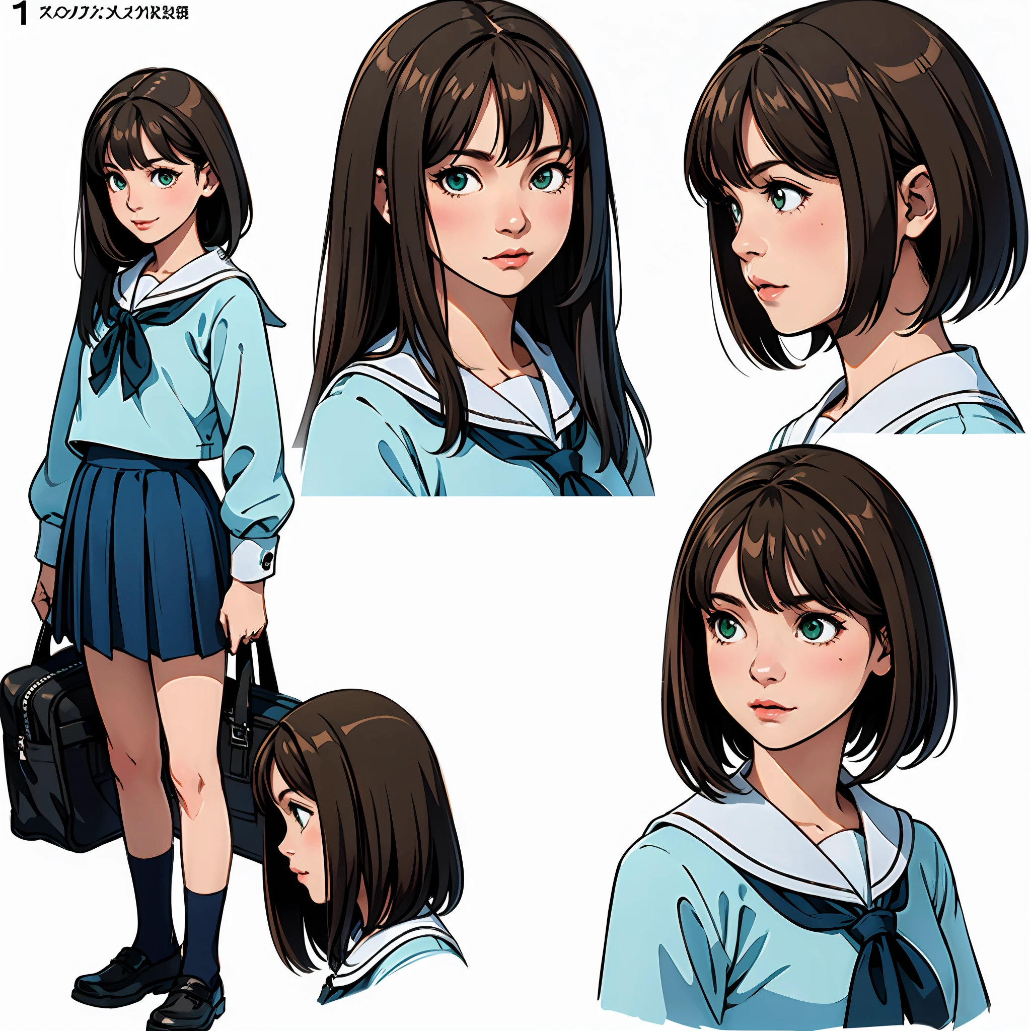 (masterpiece), best quality, (character design sheet, same character, full body, side, back), illustration, (beautiful detailed hair detailed face), 1 young girl, solo, perfect feminine face, very cute young girl, pose zitai, detailed design character, chesnut brown hair, left sided bangs, shorr length hair, green eyes, , (simple background, white background: 1.3)