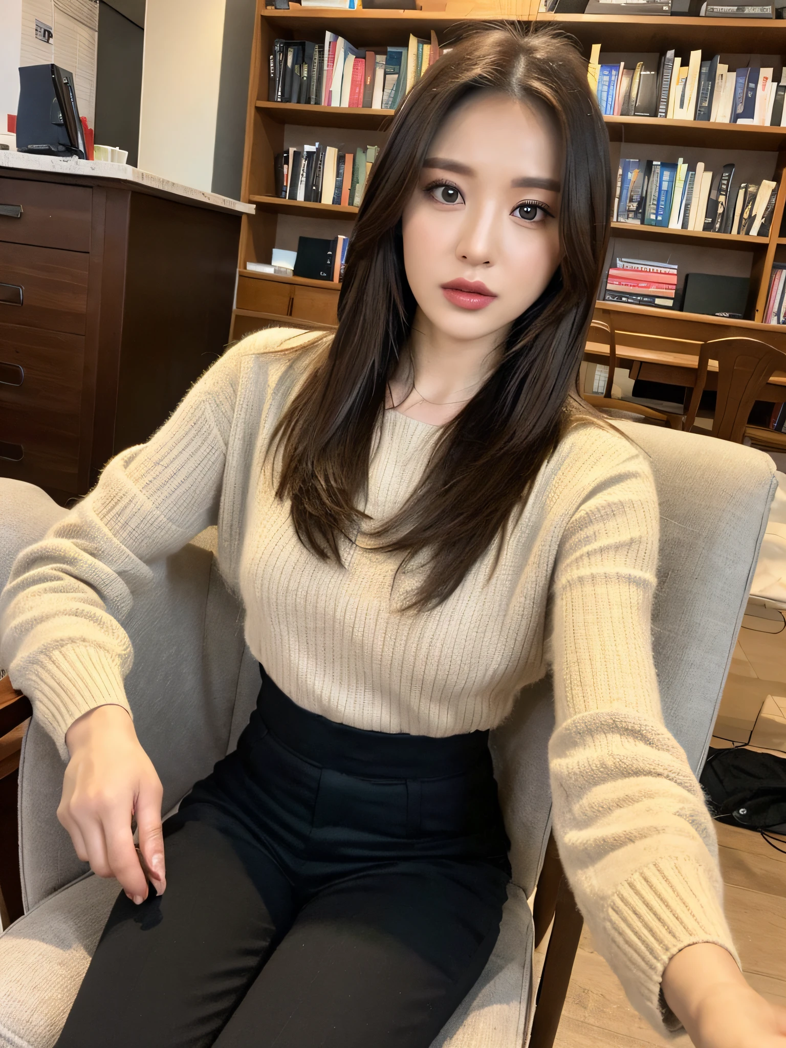 ((cinematiclight, Top quality, 8k, Masterpiece: 1.3)), 1 girl,40 years old slender little hands beautiful woman: 1.3, ( Chinese brunette hair, Small: 1.3), Suit mature : 1.2, , sofas, Super Ultra-detailed face, Detailed eyes serious, Double eyelids, on a chair, Sit upright, ,Feminine beauty, Serious face bookshelf book trousers