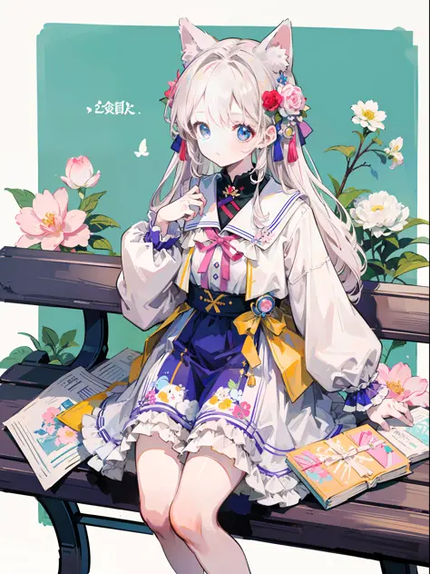 Anime Pictures。Bright and pretty shades。Cute woman with cat ears about 18 years old sitting on a bench。Clothing designed in the ...