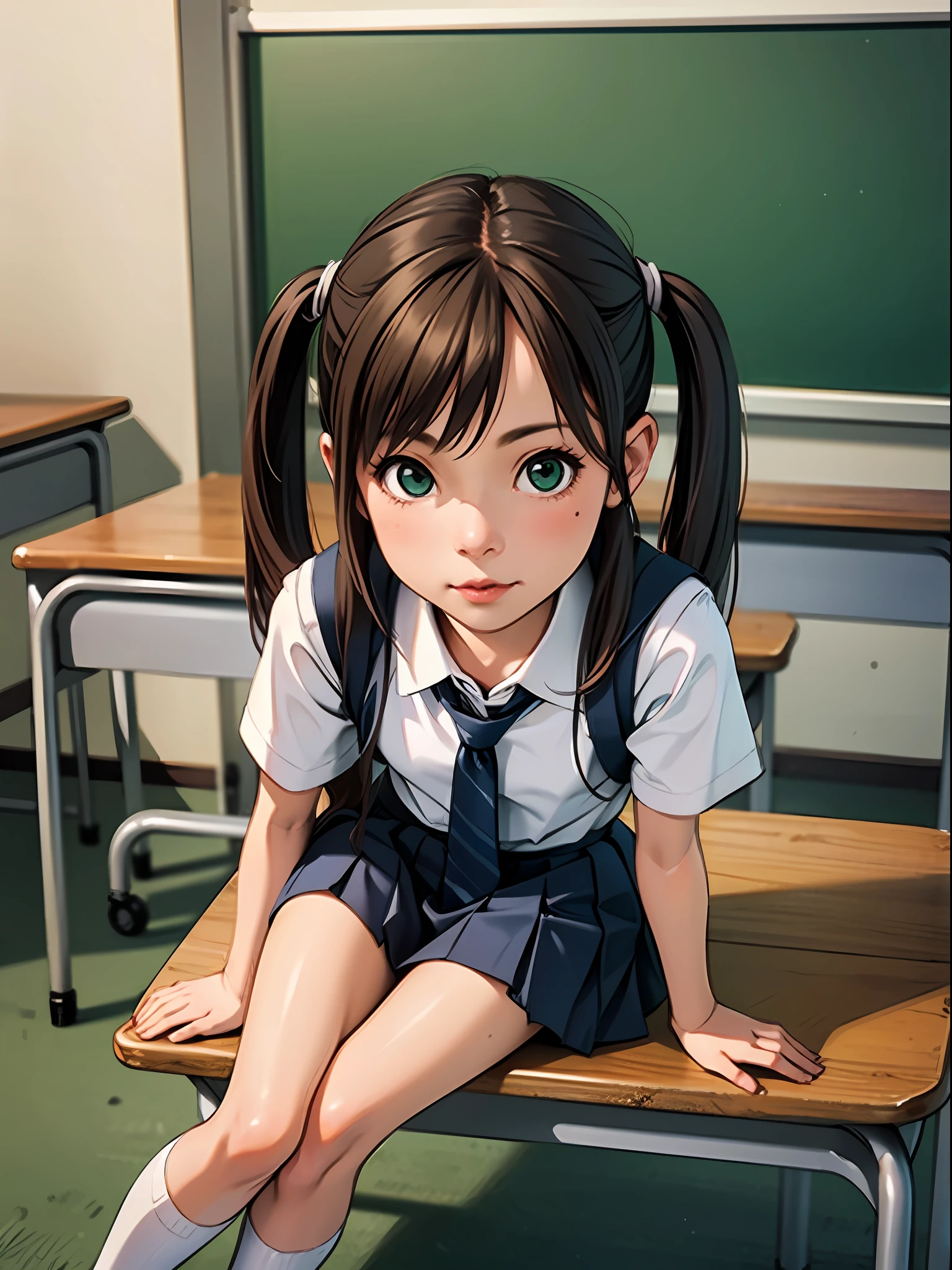 (masterpiece), best quality, beautiful detailed hair detailed face, 1 little girl, solo, full-body portrait, dutch shot, perfect feminine face, very cute , sitting on the classroom desk, chesnut brown hair, short twintails, green eyes, 